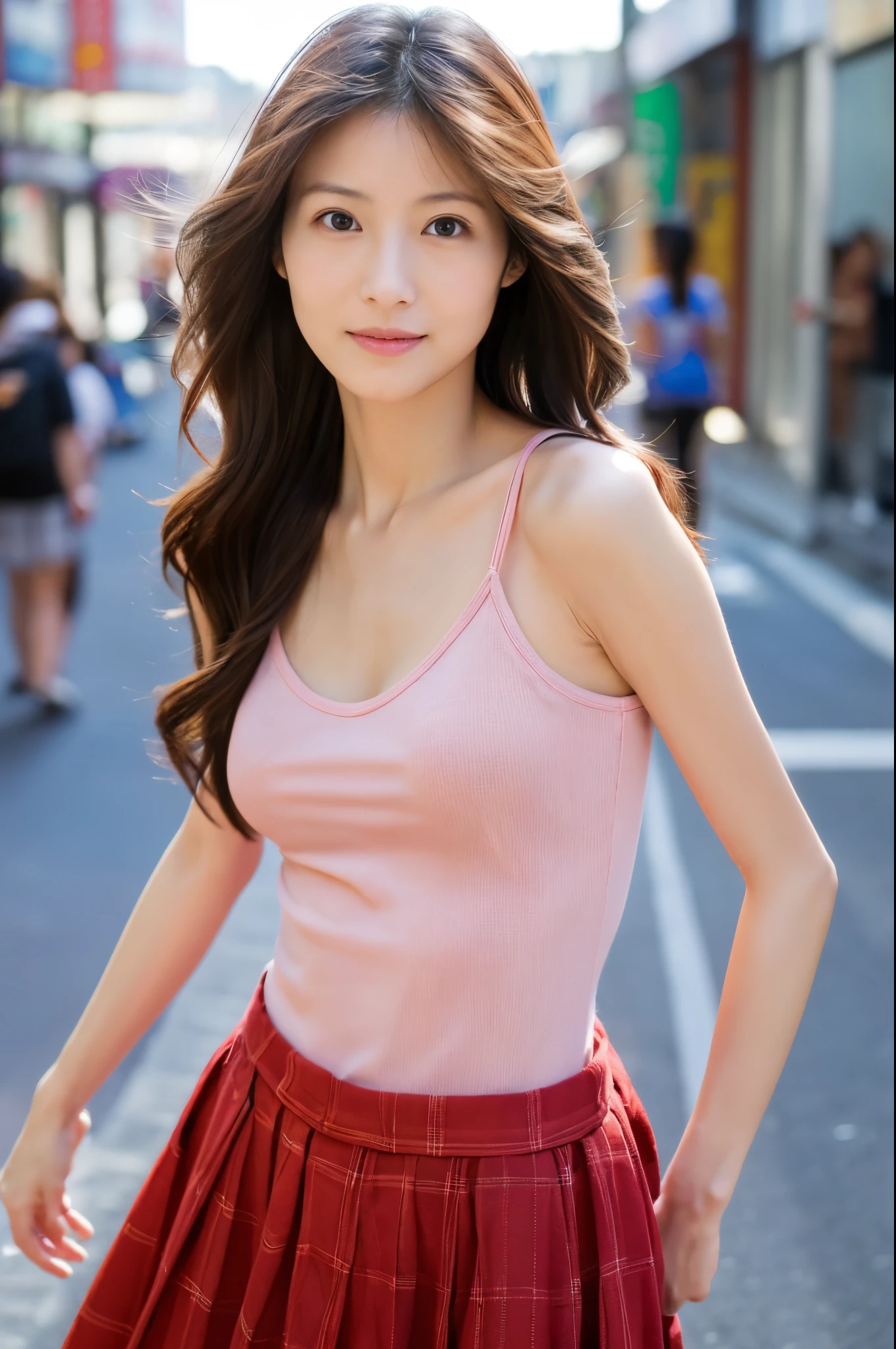 (High reality photograph, high resolusion, detailed face, detailed eyes) Skinny Japanese lady, 40 years old, wife, cute face, various face expression, solo:1, lovely body, skinny figure, small breasts, long wavy hair, emphasizing very thin waist, posing in a street, full-body photo