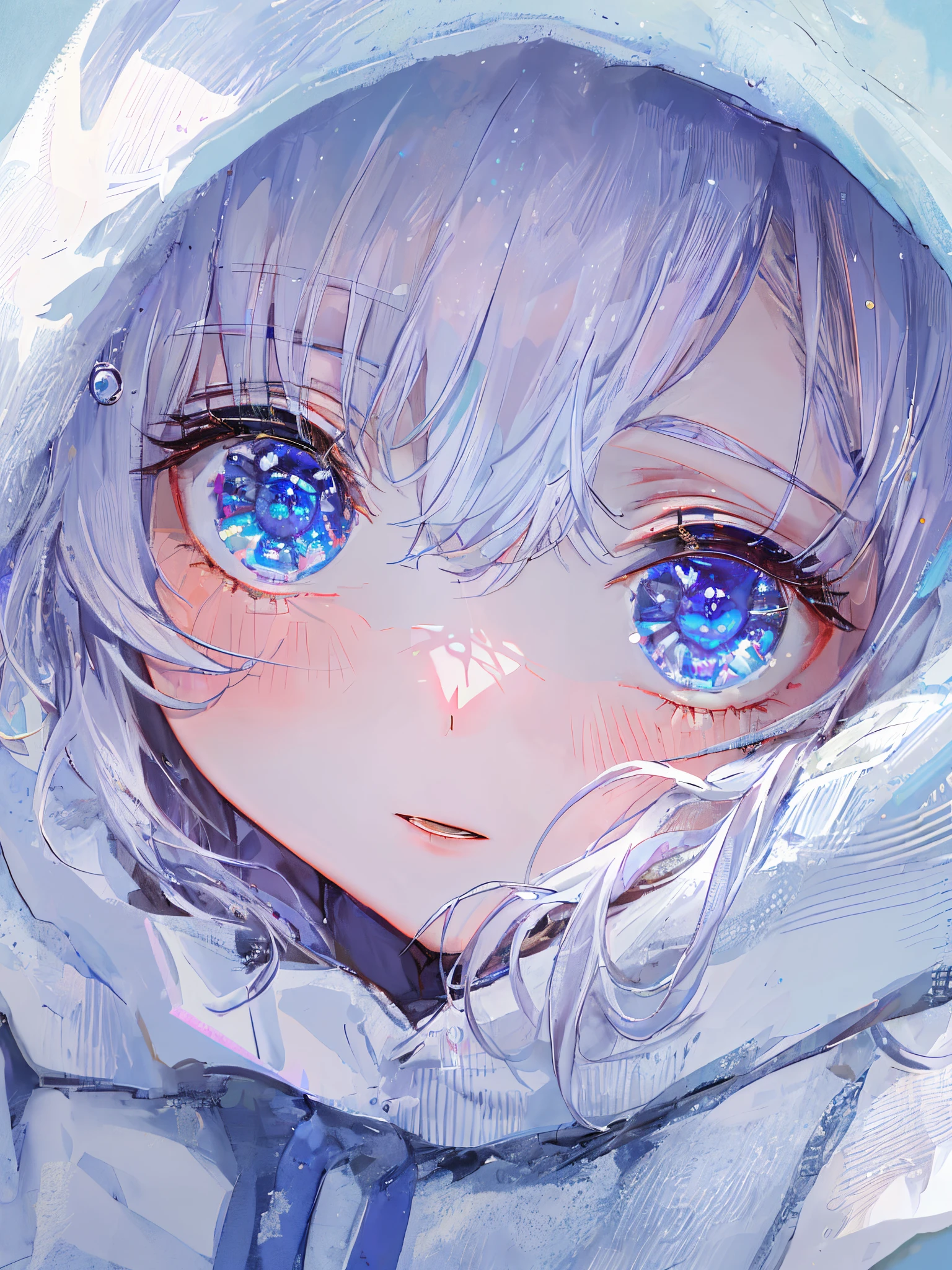 ((top-quality)), ((masterpiece)), ((ultra-detailliert)), (Extremely delicate and beautiful), girl with, 独奏, cold attitude,((White hoodie)),She is very(relax)with the(Settled down)Looks,depth of fields,Evil smile,Bubble, under the water, Air bubble,Underwater world bright light blue eyes,inner color with bright gray hair and light blue tips,,,,,,,,,,,,,,,,,,,,Cold background,Bob Hair - Linear Art, shortpants、knee high socks、White uniform like school uniform、Light blue ribbon ties、Clothes are sheer、The hand in my right pocket is like a sapphire,Fronllesse Blue, A small blue light was floating、fantastic eyes、selfy,Self-shot