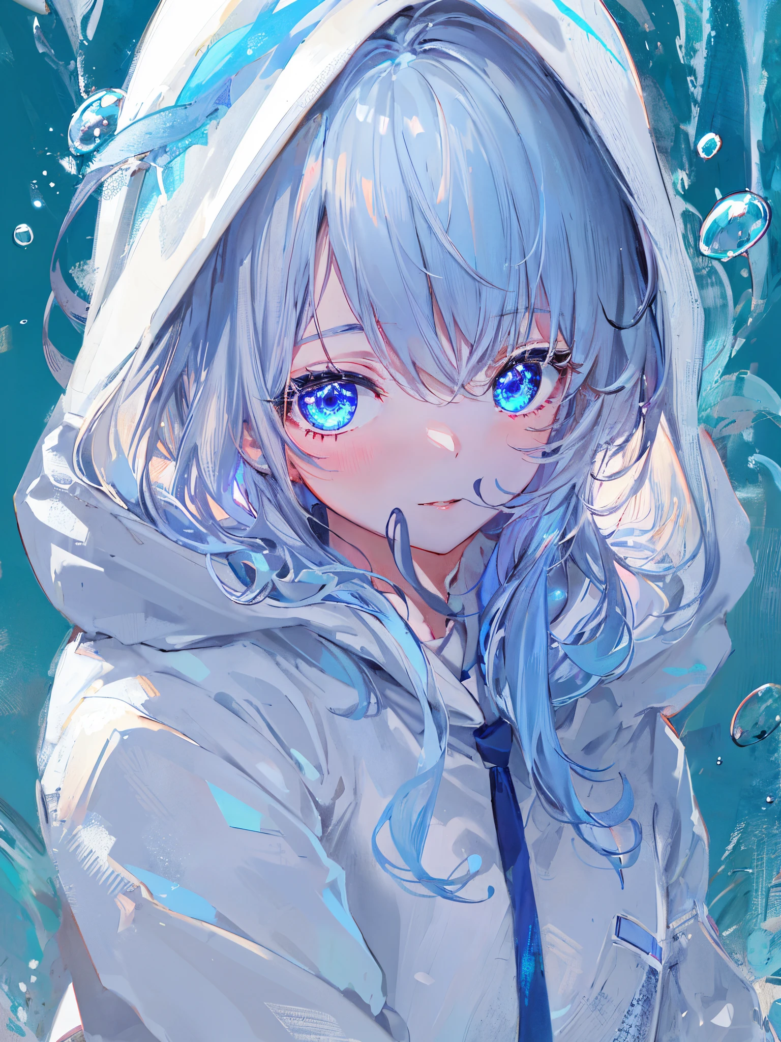 ((top-quality)), ((​masterpiece)), ((ultra-detailliert)), (Extremely delicate and beautiful), girl with, 独奏, cold attitude,((White hoodie)),She is very(relax)with  the(Settled down)Looks,depth of fields,Evil smile,Bubble, under the water, Air bubble,Underwater world bright light blue eyes,inner color with bright gray hair and light blue tips,,,,,,,,,,,,,,,,,,,,,Cold background,Bob Hair - Linear Art, shortpants、knee high socks、White uniform like school uniform、Light blue ribbon ties、Clothes are sheer、The hand in my right pocket is like a sapphire,Fronllesse Blue, A small blue light was floating、fantastic eyes、selfy,Self-shot、The bangs fall over the eyes, giving a sexy impression.