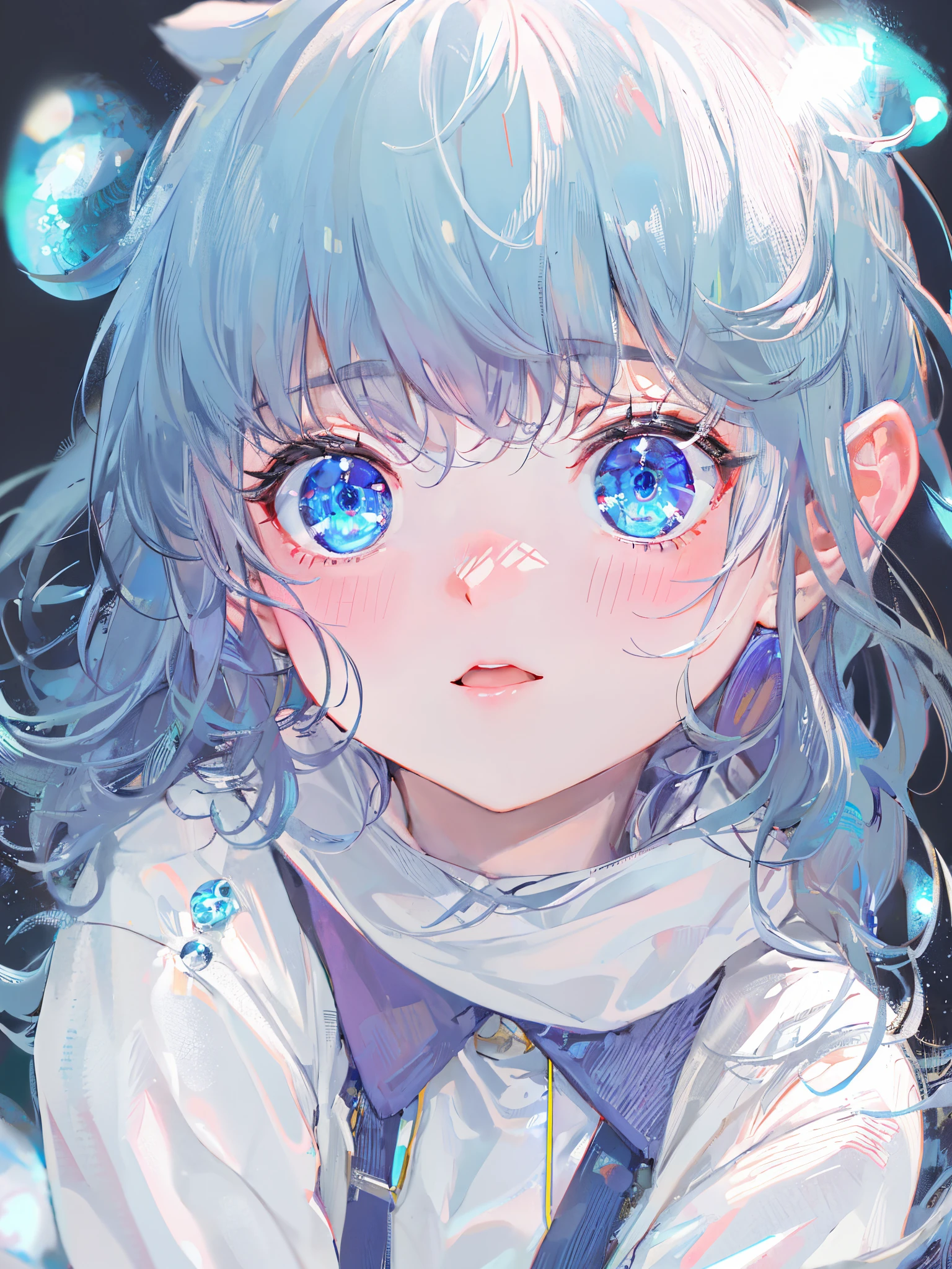 ((top-quality)), ((​masterpiece)), ((ultra-detailliert)), (Extremely delicate and beautiful), girl with, 独奏, cold attitude,((White hoodie)),She is very(relax)with  the(Settled down)Looks,depth of fields,Evil smile,Bubble, under the water, Air bubble,Underwater world bright light blue eyes,inner color with bright gray hair and light blue tips,,,,,,,,,,,,,,,,,,,,,Cold background,Bob Hair - Linear Art, shortpants、knee high socks、White uniform like school uniform、Light blue ribbon ties、Clothes are sheer、The hand in my right pocket is like a sapphire,Fronllesse Blue, A small blue light was floating、fantastic eyes、selfy,Self-shot、The bangs fall over the eyes, giving a  impression.