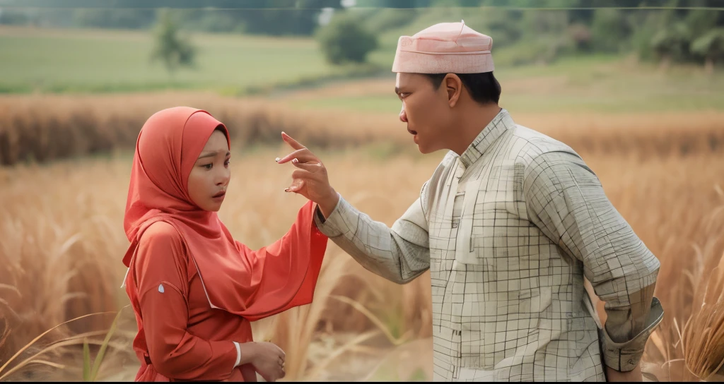 A malay girl in hijab and red pastel Baju Kurung, arguing with an Malay man, background of paddy fields in malay village, Super 8mm lense, wide shot, High Contrast cinematography effect, Natural Lighting, Desaturate color grading, high quality, ultra detail, 8k resolution,