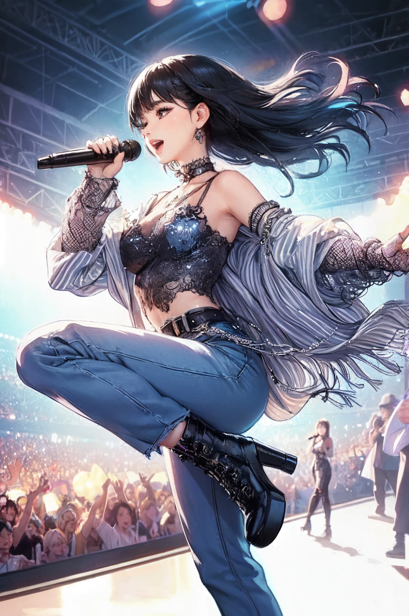 1lady solo, K-POP artist, (singing:1.2) (dynamic posing:1.2), (stylish outfit), mature female, /(black hair/) bangs, light smile, (masterpiece best quality:1.2) delicate illustration ultra-detailed, large breasts BREAK (holding a microphone) BREAK (music stage) indoors, various colored spotlight, audience