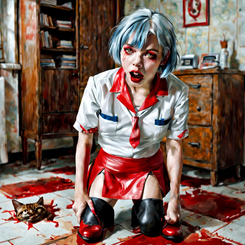 fx-monsters-xl-meatsack severed head on tile floor, ((Eyes closed)), 1girl, Short blue hair, red eyes, wear a white Japanese uniform, red skirt with checkerboard texture, leather high heels and boots, black stockings, she runs out of the room in despair, ito&#39;s on the right side of the screen, she ruined, High viewing angle, she is trying to put on her shoes, without seeing, in the background we see her room, there&#39;s a bed there, the computer turned on, window behind the computer and cabinet, cat over the bed, ito&#39;Sleeps, show almost the whole body, she looks worried(countenance), she has toast in her mouth, Oil pastel painting,ia&#39;it&#39;s near the door, absurdress, hight resolution, Ultra-spicy, 8K, Masterpiece, Summary information, Artstation, sun rising, Overhead view, good composition, looking a viewer,dull colors, Creepy, Horror