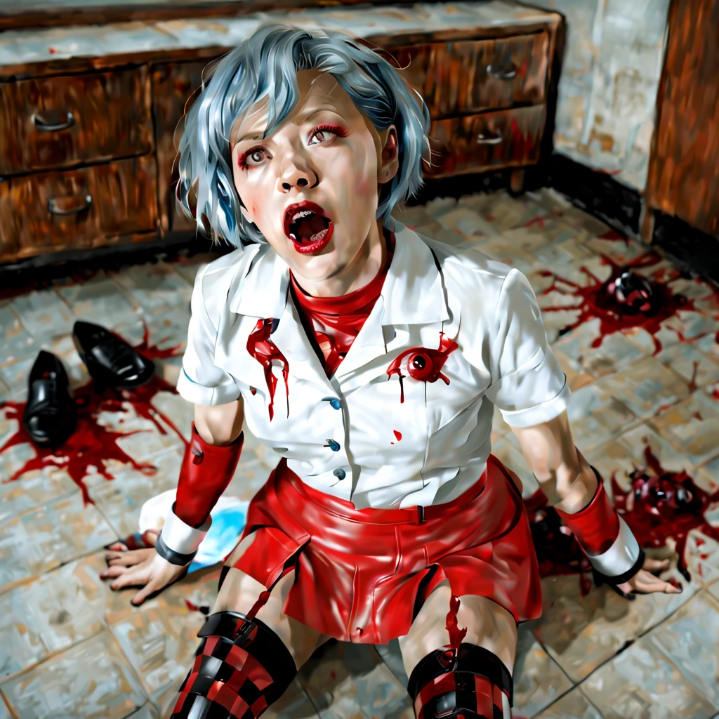 there are four pictures of a woman with a blue dress, painted in high resolution, flesh texture, extreme detailed face and body, horryfing!! highly-detailing, horror details, realistic flesh texture, stylised painting, low details. Digital painting, frostbite 3 rendered, extreme detail skin, highly detailed horror, stylised painting, teal palette. horryfing, Detailed digital painting,Surgical gowns,zombie,Battle of the Two Cities