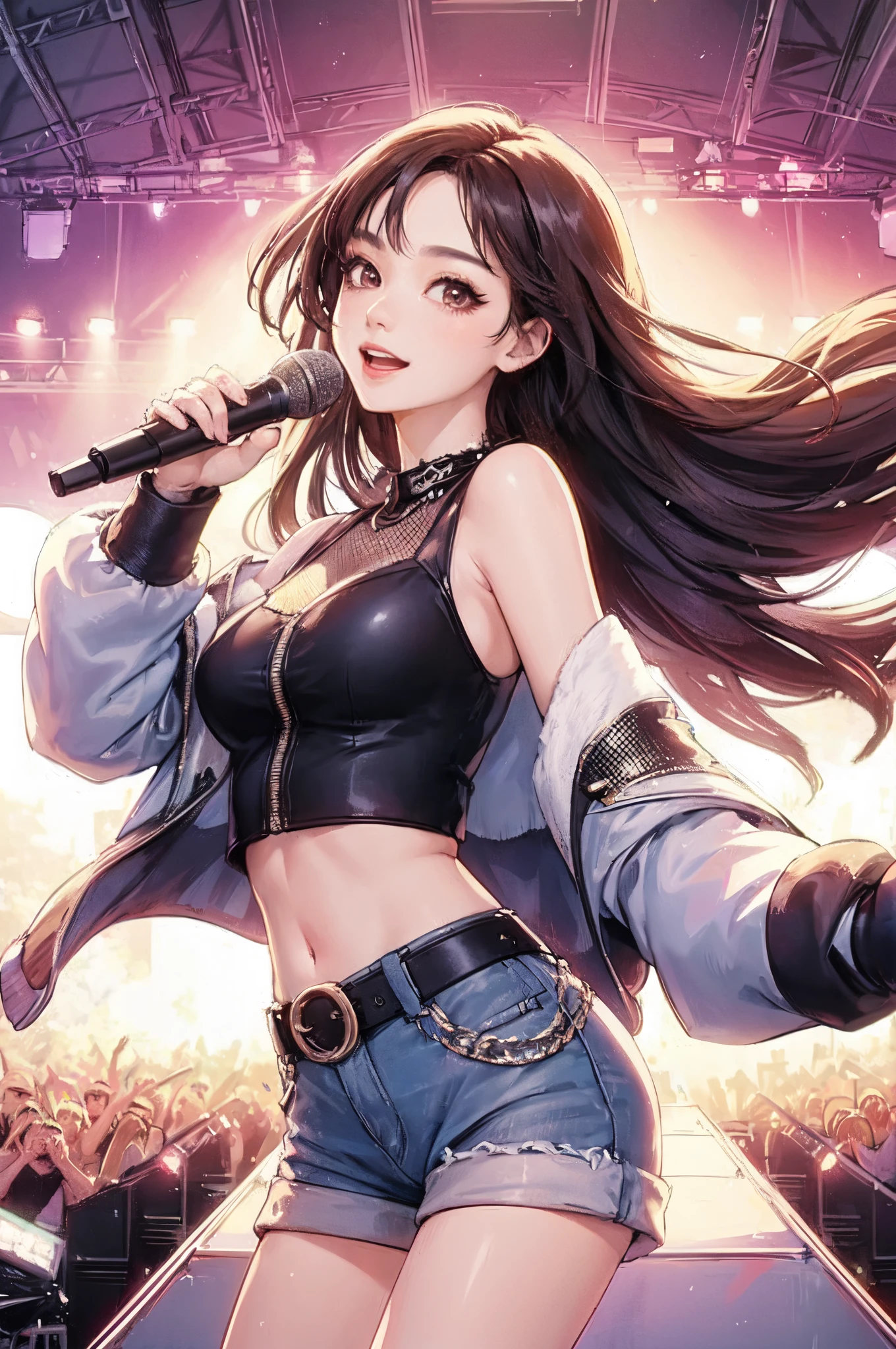 (((masterpiece))) ((( Background : Music Video theme : on stage : night : detail : high quality ))) ((( Character : Tzuyu : long smooth hair: fit body : small breast : k-pop idol outfit : singing : seductive Expression : seductive pose : armpit )))