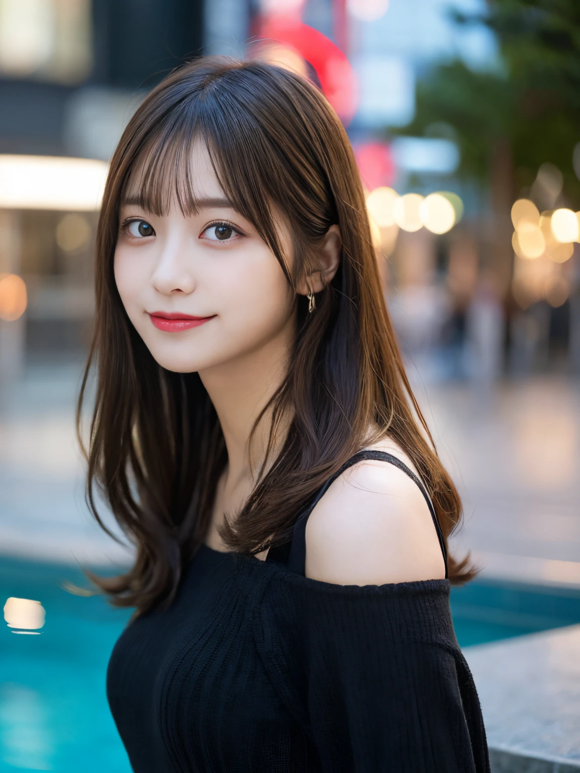 masutepiece, Best Quality, Illustration, Ultra-detailed, finely detail, hight resolution, 8K Wallpaper, Perfect dynamic composition, Beautiful detailed eyes, wearing a black knit with sleeves,Medium Hair,Natural Color Lip, Bold sexy poses,Smile,Harajuku、20 years girl、Cute、Sexy shot looking at camera、C Cup、Brown hair、cacique#39;s face、Blurry night pool background