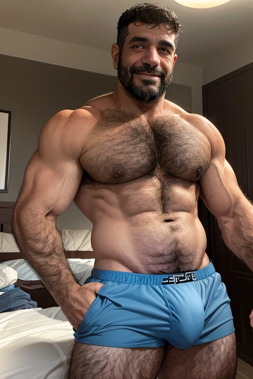 An intense cinematic scene, featuring a smiling Arabic 50yo man real-life setting, with an adult man (rugged, dadbod, hairy (stocky)), shirtless, wearing a blue briefs underwear, standing, in low-key lighting. The atmosphere is happy and light, with a sense of raw energy of joy emanating from the environment. bed-time.