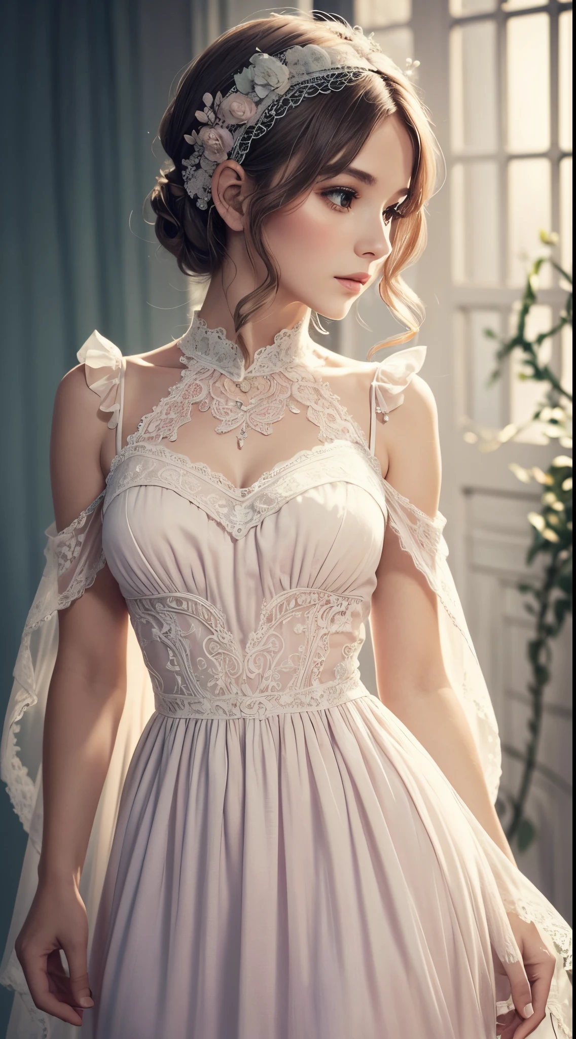 (dusty corners, eye-catching, beautiful dress, vintage, delicate lace, intricate details, flowing fabric, feminine, ethereal, pastel colors, soft lighting)