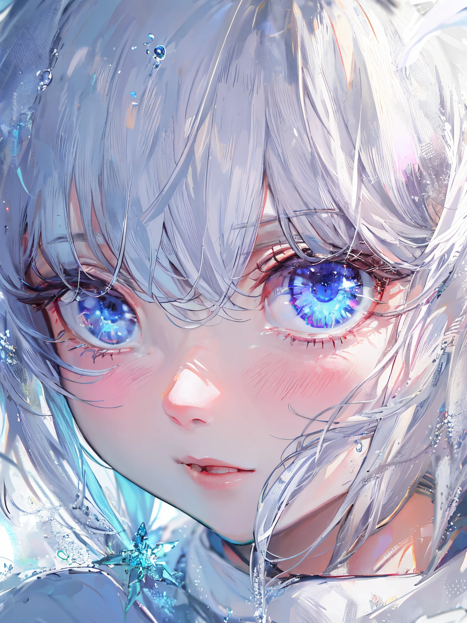 ((top-quality)), ((masterpiece)), ((ultra-detailliert)), (Extremely delicate and beautiful), girl with, report, cold attitude,((White hoodie)),She is very(relax)with the(Settled down)Looks,depth of fields,Evil smile,Bubble, under the water, Air bubble,Underwater world bright light blue eyes,inner color with bright gray hair and light blue tips,,,,,,,,,,,,,,,,,,,,,,,Cold background,Bob Hair - Linear Art, shortpants、knee high socks、White uniform like school uniform、Light blue ribbon ties、Clothes are sheer、The hand in my right pocket is like a sapphire,Fronllesse Blue, A small blue light was floating、fantastic eyes、selfy,Self-shot、Bangs fall on the eyes, give a sexy impression.