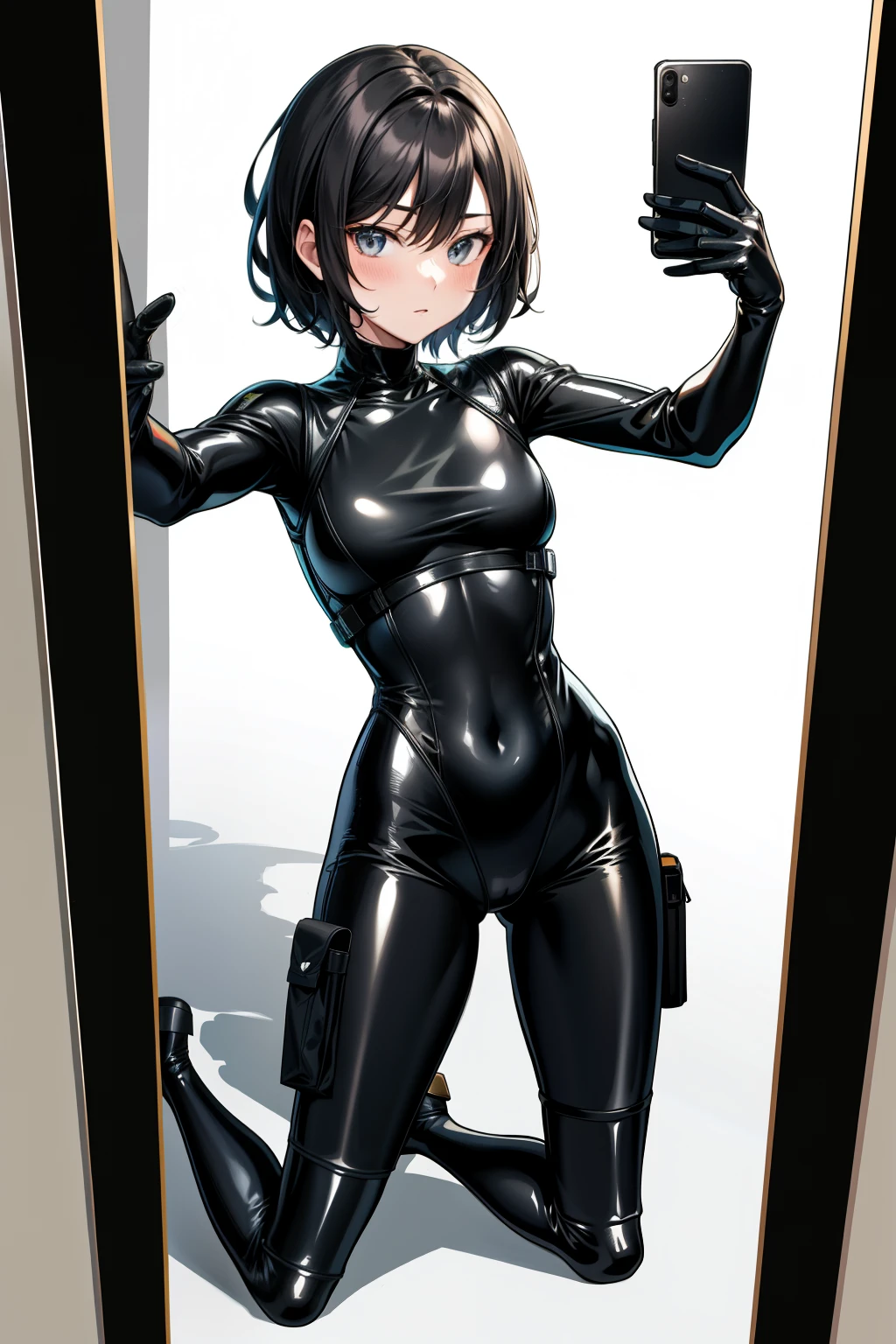 araffe wearing a black bodysuit and cargo pants taking a selfie, cute girl wearing tank suit, see through, kaki body suit, thin bodysuit, see - through, intriguing outfit, very sexy outfit, tight outfit, bodysuit, sexy look, full body length, tight attire, wearing cargo pants, wearing a black bodysuit