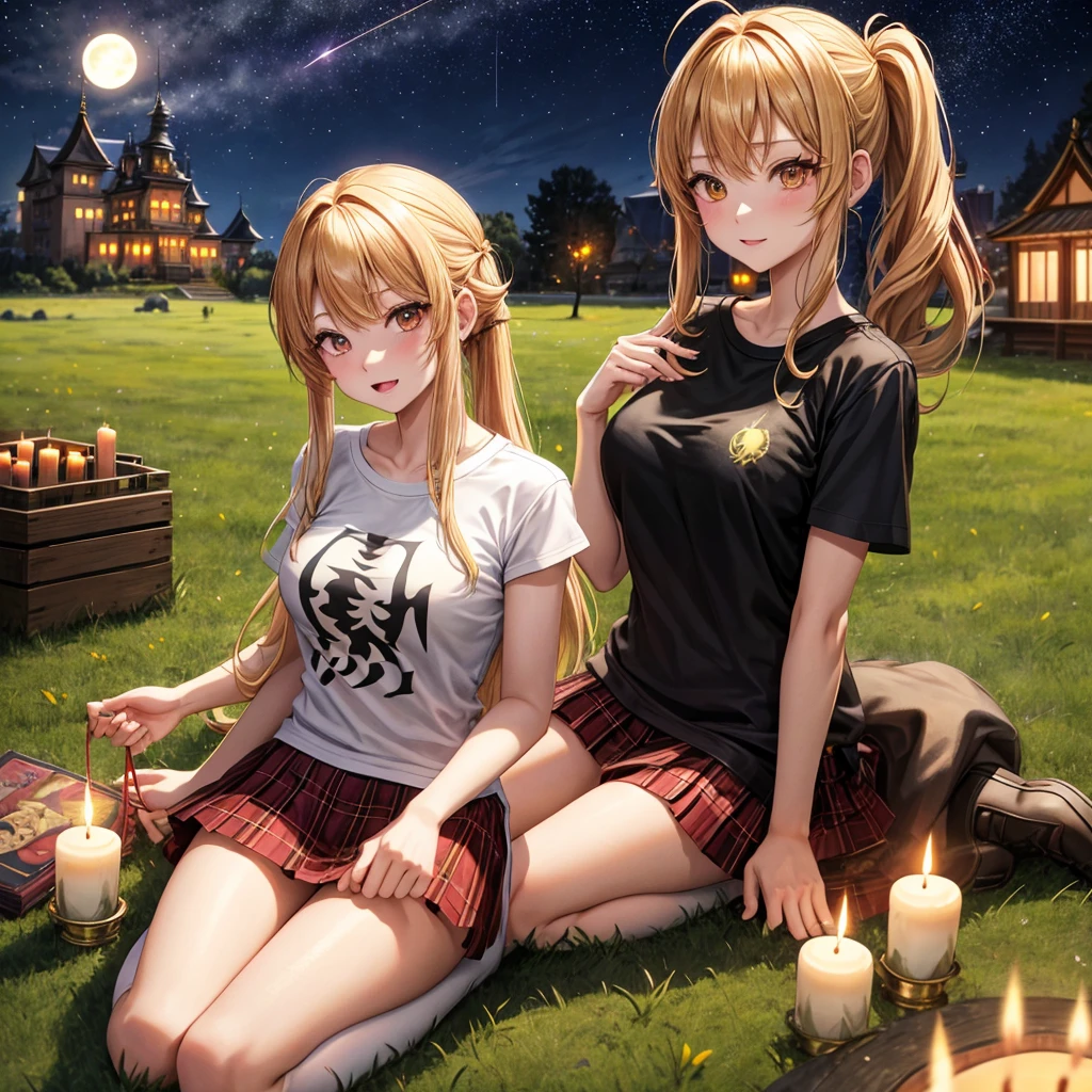 Red-blonde、poneyTail、verd s eyes、one good looking girl、独奏、animesque、lightly dressed、Plaid miniskirt、a black T-shirt、grass field、sitting on、fullmoon、candle fire、Meteor swarm、starrysky、are flying、golden castle