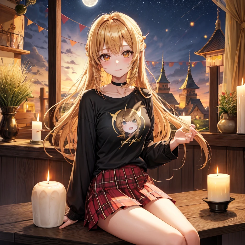 Red-blonde、poneyTail、verd s eyes、one good looking girl、独奏、animesque、lightly dressed、Plaid miniskirt、a black T-shirt、grass field、sitting on、fullmoon、candle fire、Meteor swarm、starrysky、are flying、golden castle