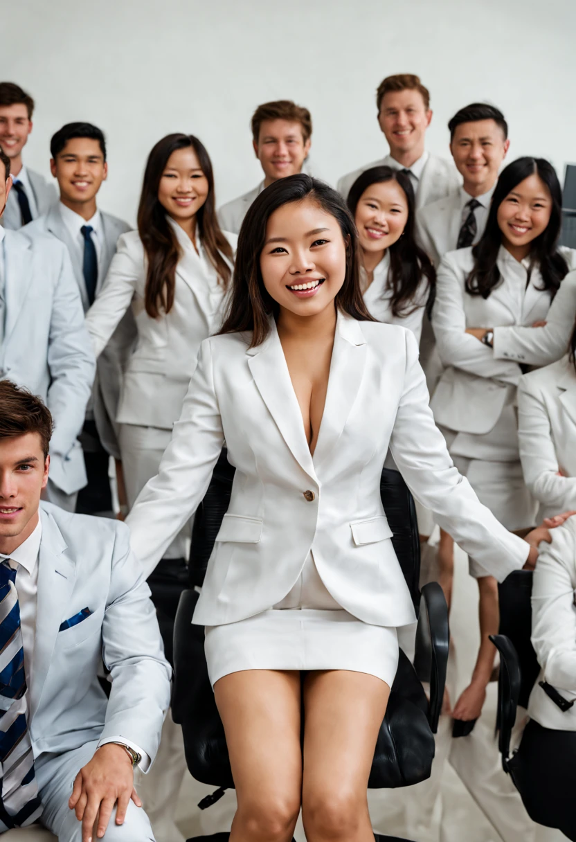 Portrait Photo a portrait, hyperdetailed full body photography, los angeles, brunette haired naked 18 year old college student young athletic asian girl shaking her ass with thick thighs and boobs sitting with her hands in the air with 10 white men (in business suits standing around her)