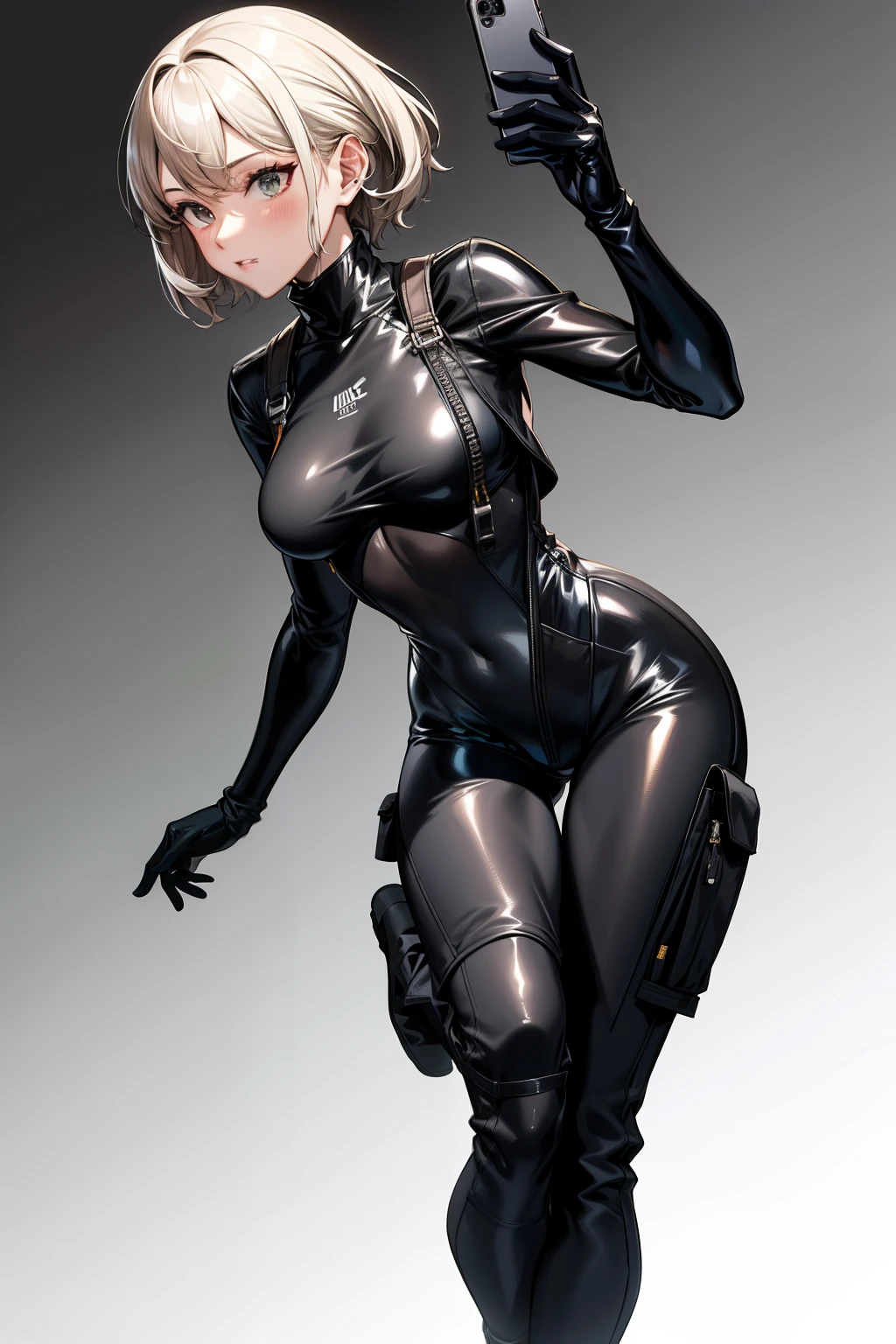 araffe wearing a black bodysuit and cargo pants taking a selfie, cute girl wearing tank suit, see through, kaki body suit, thin bodysuit, see - through, intriguing outfit, very sexy outfit, tight outfit, bodysuit, sexy look, full body length, tight attire, wearing cargo pants, wearing a black bodysuit