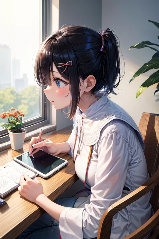 A girl is checking on her smartphone。Studying。I'm doing my best