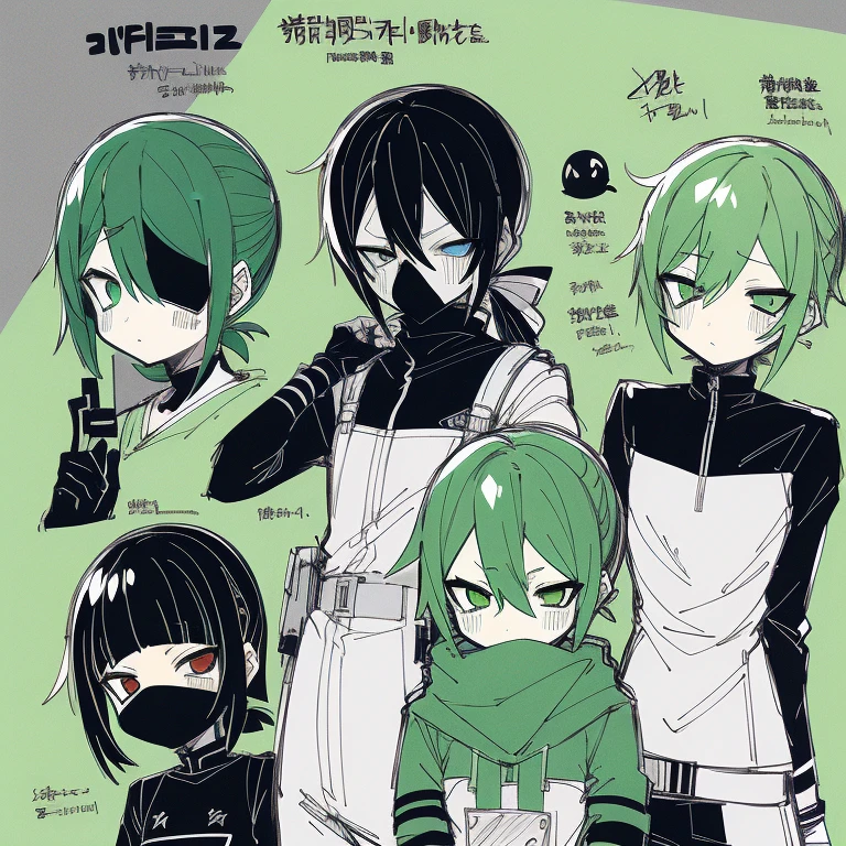 Anime characters with green hair and black and white clothes, gas mask, Zero sauce, kantai collection style, 2D Anime Style, zero zen art, mixed style Tsutomu Nihei, [ Concept art ]!, pixiv style, Tsutomu Nihei Style, 2 d anime, pixiv, [Character design], Japanese anime style, Only in anime style, creepy, horror