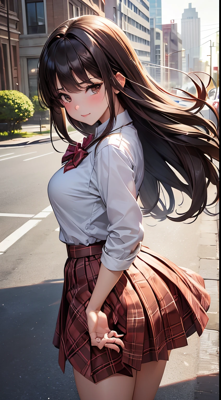 ((masutepiece, Best Quality, hight resolution, nffsw, Perfect Pixel,  4K, nffsw, nffsw))), 1girl in, Single, Solo, Beautie、full body seen、 ((Middle Wave Hair, Bangs, Brown hair)), ((Brown-eyed, Beautiful eyelashes, Realistic eyes)), ((Detailed face, Blushing:1.2)), ((Smooth texture:0.75, Realistic texture:0.65, Photorealistic:1.1, Anime CG style)), medium breasts, Dynamic Angle, Perfect body,  ((red bowtie, School uniform, , White shirt, Black skirt, plaid skirts)), City staircase、Looking up from the bottom of the stairs、Very embarrassing panic smile, turned around、bending forward、(The wind flipped my skirt and exposed my butt.....................、Touching the buttocks with both hands、Pink lace panties)、