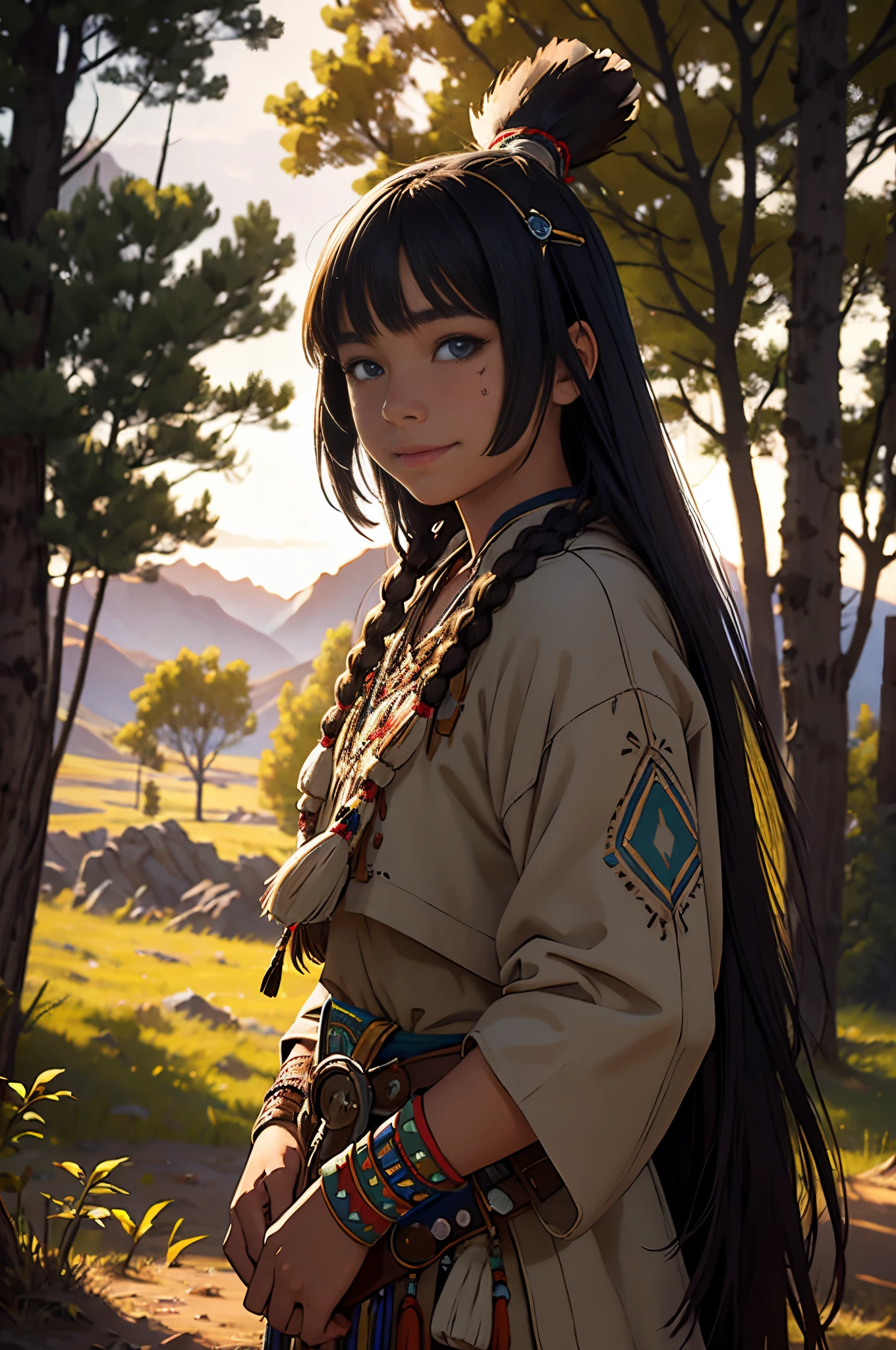 (grainy:0.5), cinematic, girl,native american,fantasy,(solo:1.3), detailed eyes, detailed face, detailed  native american clothing , volumetric lighting, dusk, extremely detailed background, standing next to tree, smiling, half closed eyes, tilted head, from side