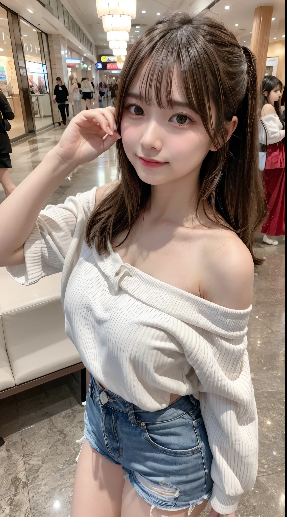 masterpiece, best quality, ultra detailed, 8K, 16K, absurdres, highres, a girl, smiling, walking, looking at viewer, front view, long hair, brown hair, tareme, droopy eyes, shiny skin, detailed skin, detailed face, glamorous, voluptuous, beautiful breasts, beautiful ass, curvy, (idol, off shoulder, shorts:1.3), delicate facial features, cute face, 20-year-old, japanese, in the mall, ultra realistic photo, raw photo, photorealistic, real person, cowboy shot, dynamic angle, sharpen, cinematic lighting, depth of field