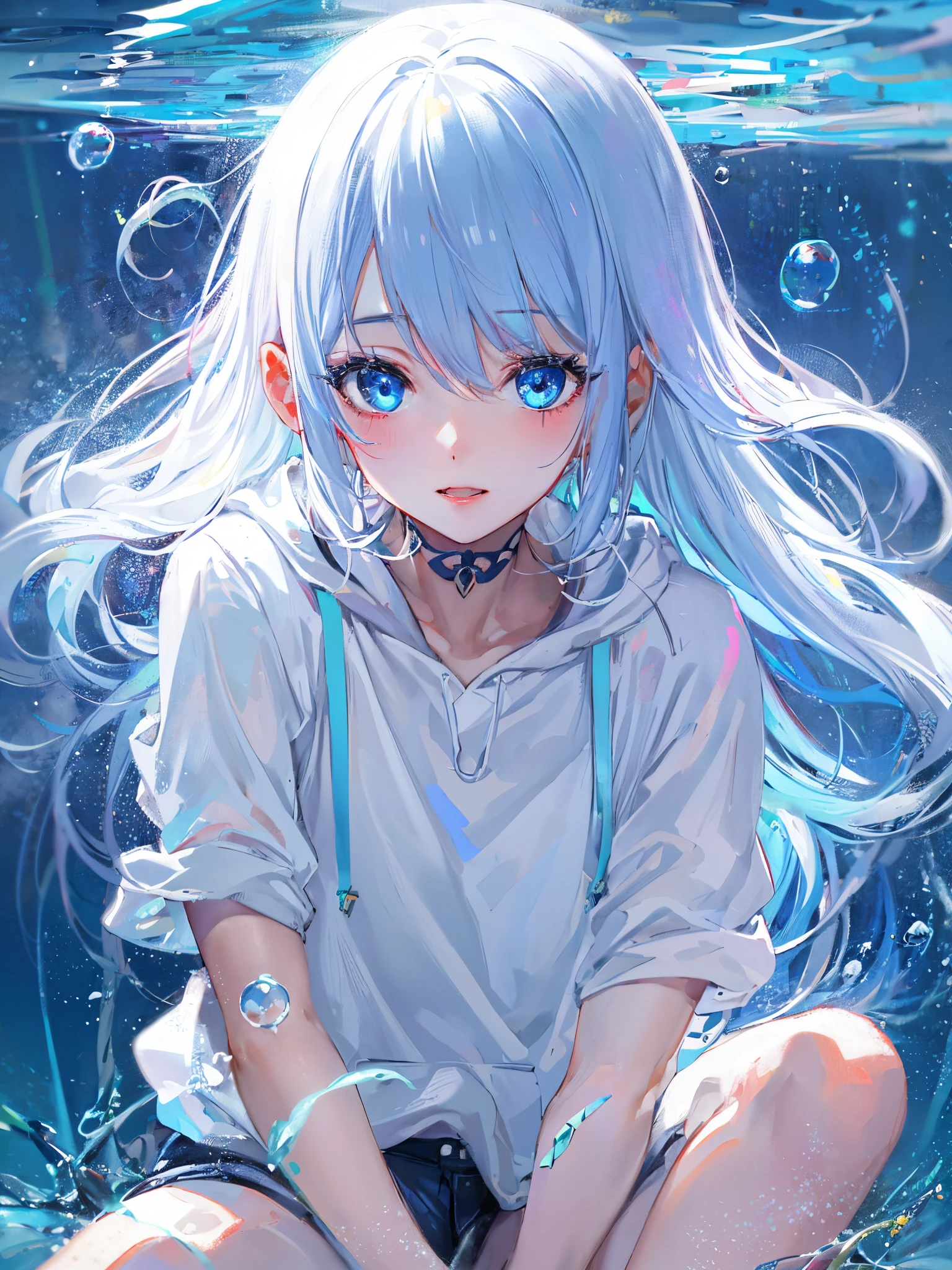 ((top-quality)), ((masterpiece)), ((ultra-detailliert)), (Extremely delicate and beautiful), girl with, 独奏, cold attitude,((White hoodie)),She is very(relax)with the(Settled down)Looks,depth of fields,Evil smile,Bubble, under the water, Air bubble,Underwater world bright light blue eyes,inner color with bright gray hair and light blue tips,,,,,,,,,,,,,,,,,,,,,,,Cold background,Bob Hair - Linear Art, shortpants、knee high socks、White uniform like school uniform、Light blue ribbon ties、Clothes are sheer、The hand in my right pocket is like a sapphire,Fronllesse Blue, A small blue light was floating、fantastic eyes、selfy,Self-shot、Bangs fall on the eyes, give a sexy impression.