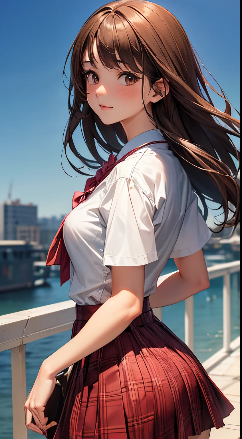 ((masutepiece, Best Quality, hight resolution, nffsw, Perfect Pixel,  4K, nffsw, nffsw))), 1girl in, Single, Solo, Beautie、full body seen、 ((Middle Wave Hair, Bangs, Brown hair)), ((Brown-eyed, Beautiful eyelashes, Realistic eyes)), ((Detailed face, Blushing:1.2)), ((Smooth texture:0.75, Realistic texture:0.65, Photorealistic:1.1, Anime CG style)), medium breasts, Dynamic Angle, Perfect body,  ((red bowtie, School uniform, , White shirt, Black skirt, plaid skirts)), City staircase、Looking up from the bottom of the stairs、Very embarrassing panic smile, turned around、bending forward、(The wind flipped my skirt and exposed my butt.....................、Touching the buttocks with both hands、Pink lace panties)、