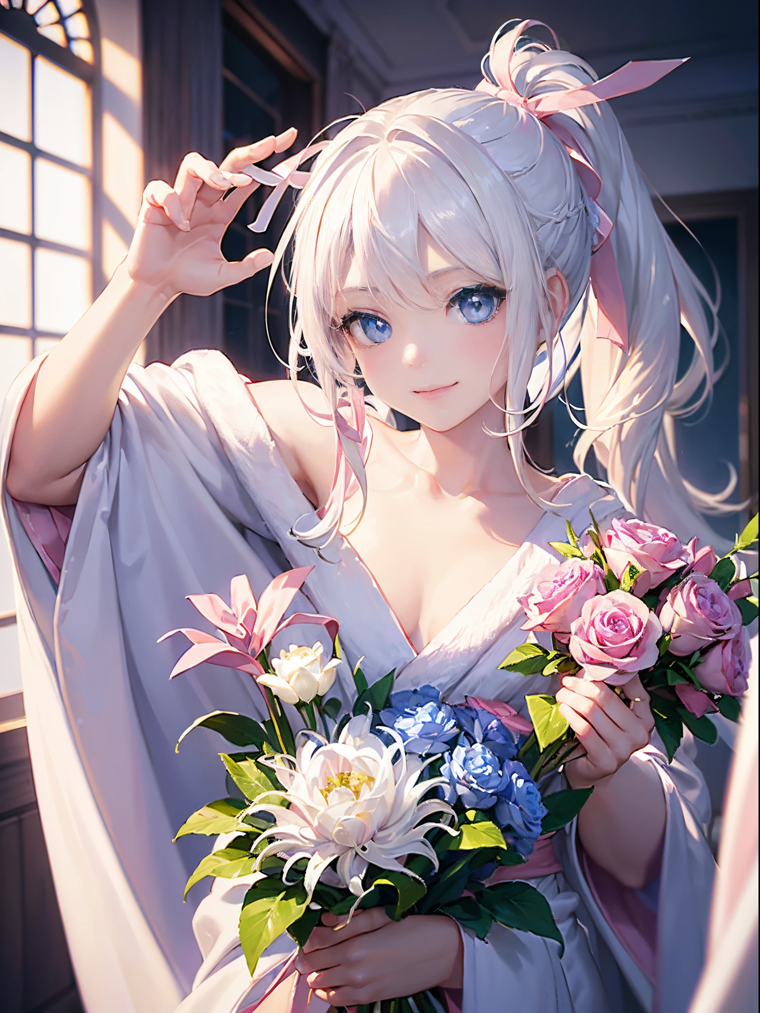 ​masterpiece、top-quality、８K、have a bouquet。one girls
、(((White hair)))、(((Shining blue eyes)))、a smile、(((One ponytail on the side)))、(((robe blanche)))、(((Pink ribbon on hair)))