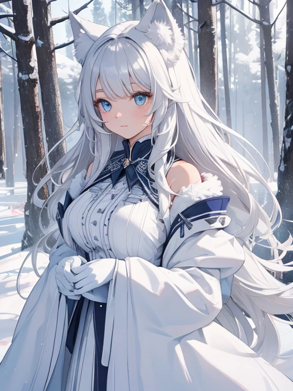 //Character 1girl, gurdian spirit of snowy mountain , slim and soft, medium large breast, ultra detailed face, innocent, round face, thin eyeblow, brown pupils, translucent skin, extra long hair, silver hair, straight hair, straight bang, 
BREAK
 //Fashion Her outfit is inspired with local folk costume, it connsists traditional-looking fluffy overcoat with geometric designs, fluffy big cap , boots gloves,  her outfit is all white or silver monotone,  huge white wolf, diveine beast  follows closely with her, the wolf is a special being sent by the gods,
 BREAK //LOCATION 
in a forest of snow-covered trees ,snow-capped mountain,  dim , 
BREAK // behavior
walking through the forest