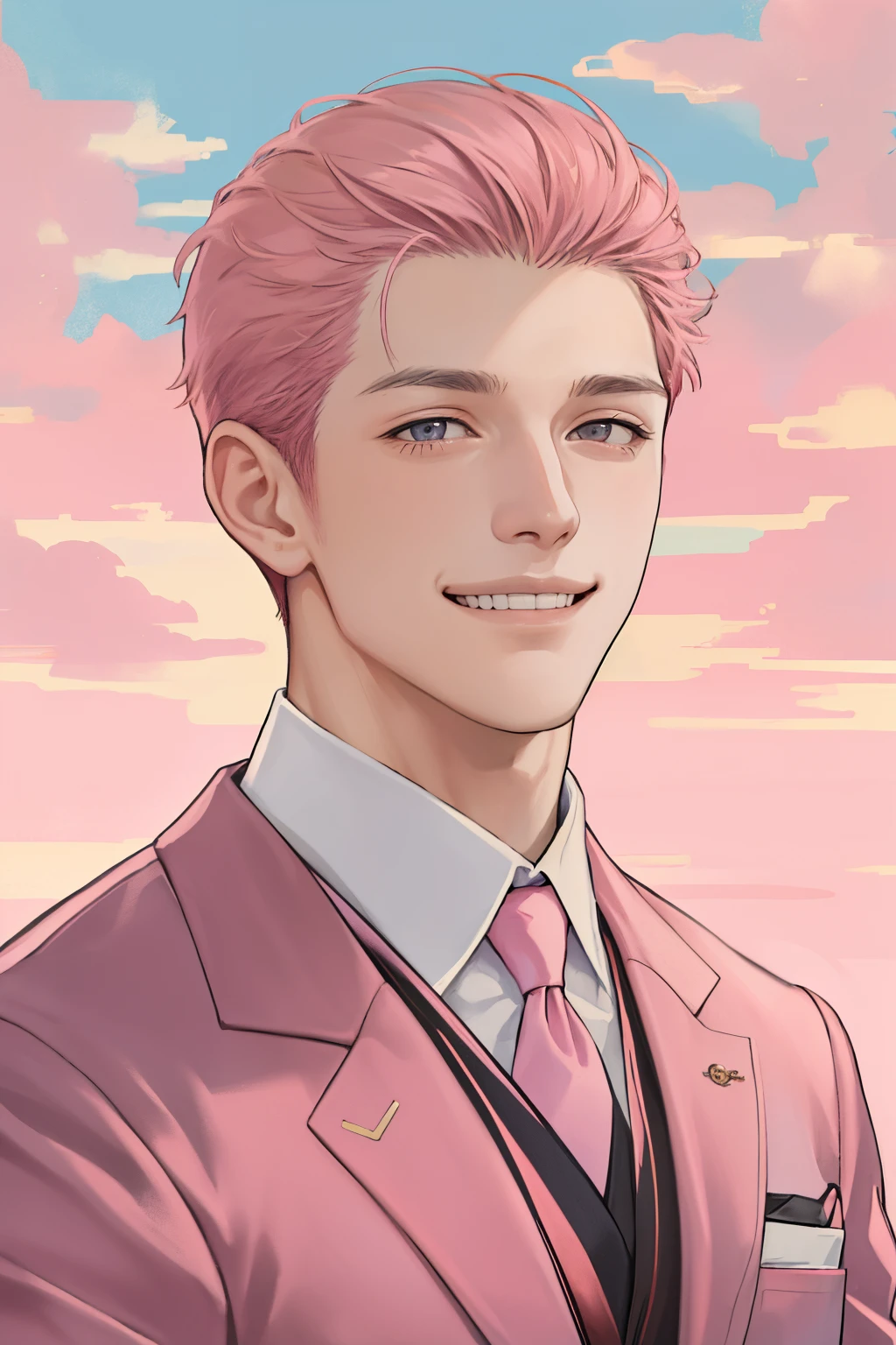 masterpiece, best quality, realistic, 1man, male focus, tall muscular, handsome, smile, closed mouth, suit, portrait, extremely detailed face, (pink sky)