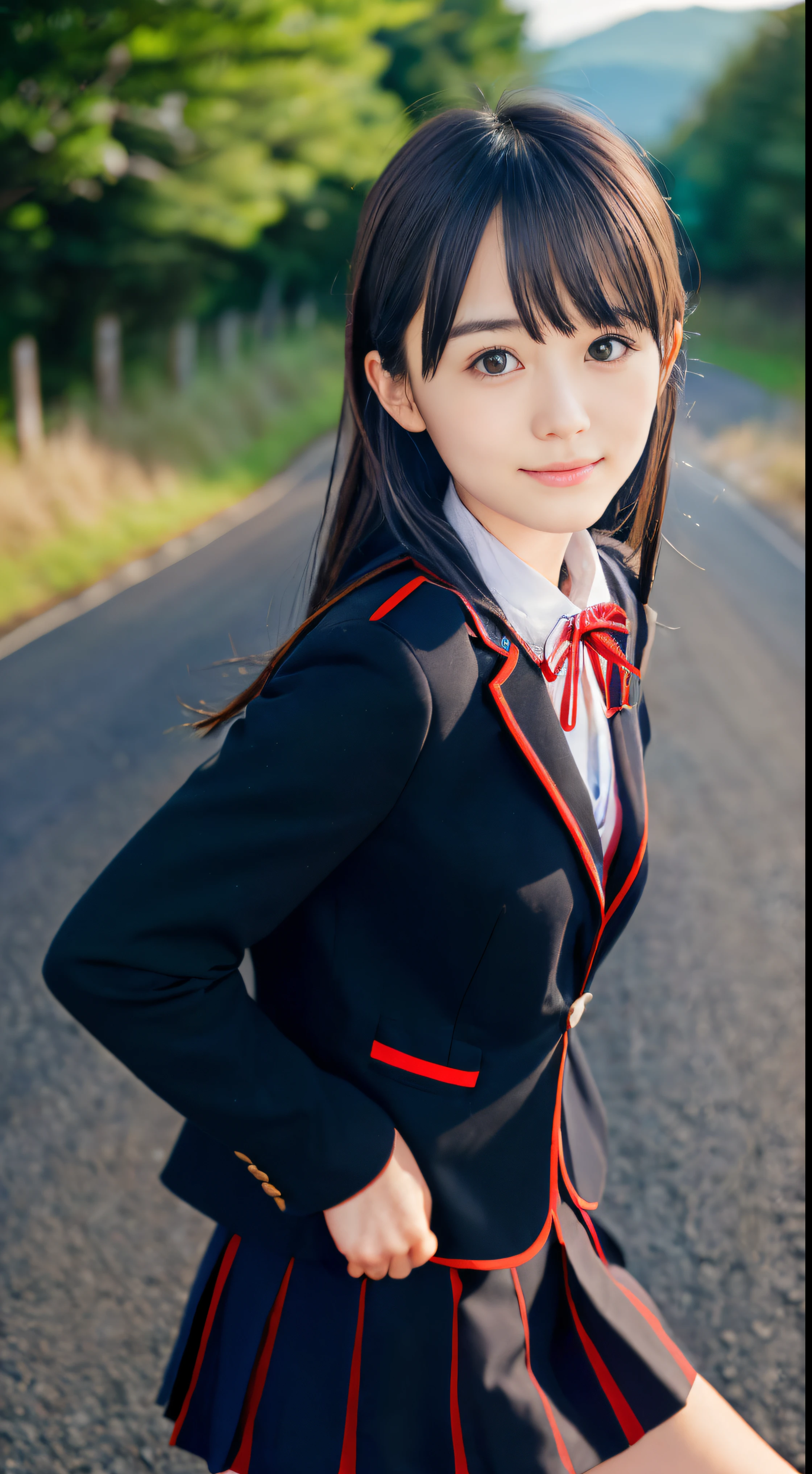 (Dressed in a black blazer uniform with a red cropped collar and a black skirt、Close-up portrait of a girl with slender small chest dark silver long hair with swept bangs:1.5)、(A girl with gray eyes is walking on a Japanese country road with a small smile:1.5)、(Uniform with a black blazer and a skirt with a red edging collar:1.5)、(Blurry background:1.5)、(Perfect Anatomy:1.5)、(complete hands:1.3)、(complete fingers:1.3)、Photorealsitic、Raw photography、masutepiece、top-quality、hight resolution、delicate and pretty、face perfect、Beautiful detailed eyes、Fair skin、Real Human Skin、((thin legs))