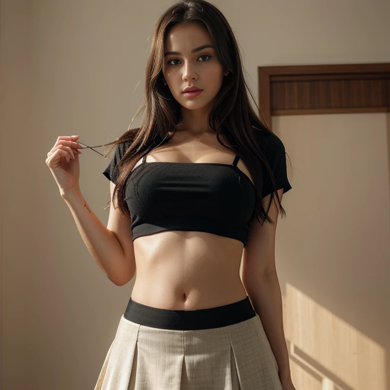 Highly detailed CG Unity 8k wallpaper, portrait of Fahriye Evcen, top quality, super detailed, masterpiece, realistic, photorealistic, highly detailed cute girl, 55 years old, (skirt lifting), (skirt lifting), ((skirt lifting on her own) ) , black panties, panty focus, blush, parted and thick lips, looking at viewer, half body shot, wearing white strappy top,
