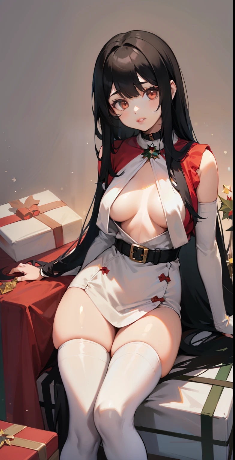 1 girl, bangs, black hair, black socks, knee-highs, long hair, medium breasts, lips, reclining, standing, tights, ((women's Christmas outfit)), ((red and white outfit)), thick legs, thick thighs, white background