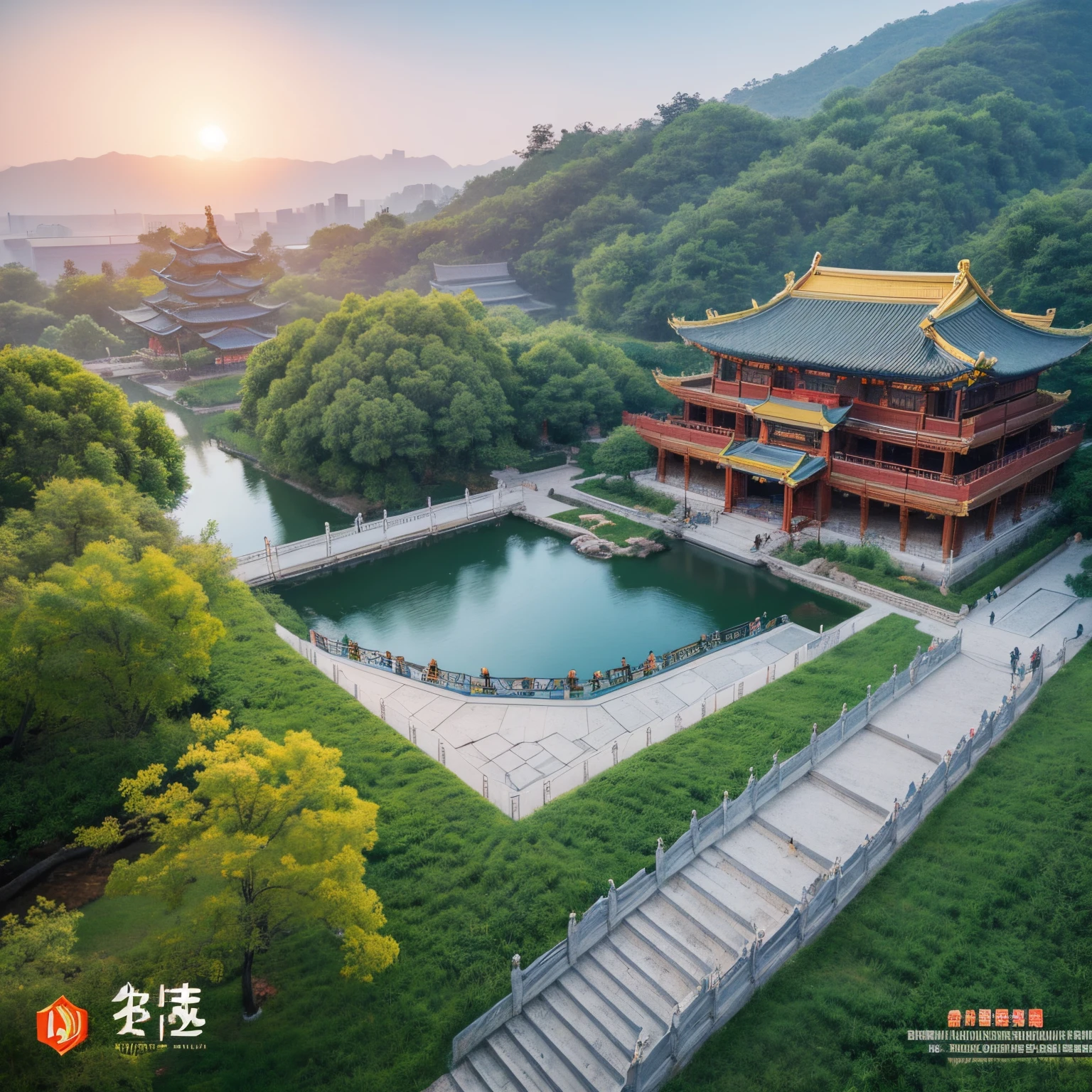 arafed view of a lake and a building with a bridge, guangjian, Hangzhou, Vistas, ultra - wide view, 360, jin shan, Beautiful rendering of the Tang Dynasty, full - view, shenzhen, wide angle shot 4 k hdr, Panoramic view, 8 k''. filling of the view, panoramic widescreen view, 4 0 9 6