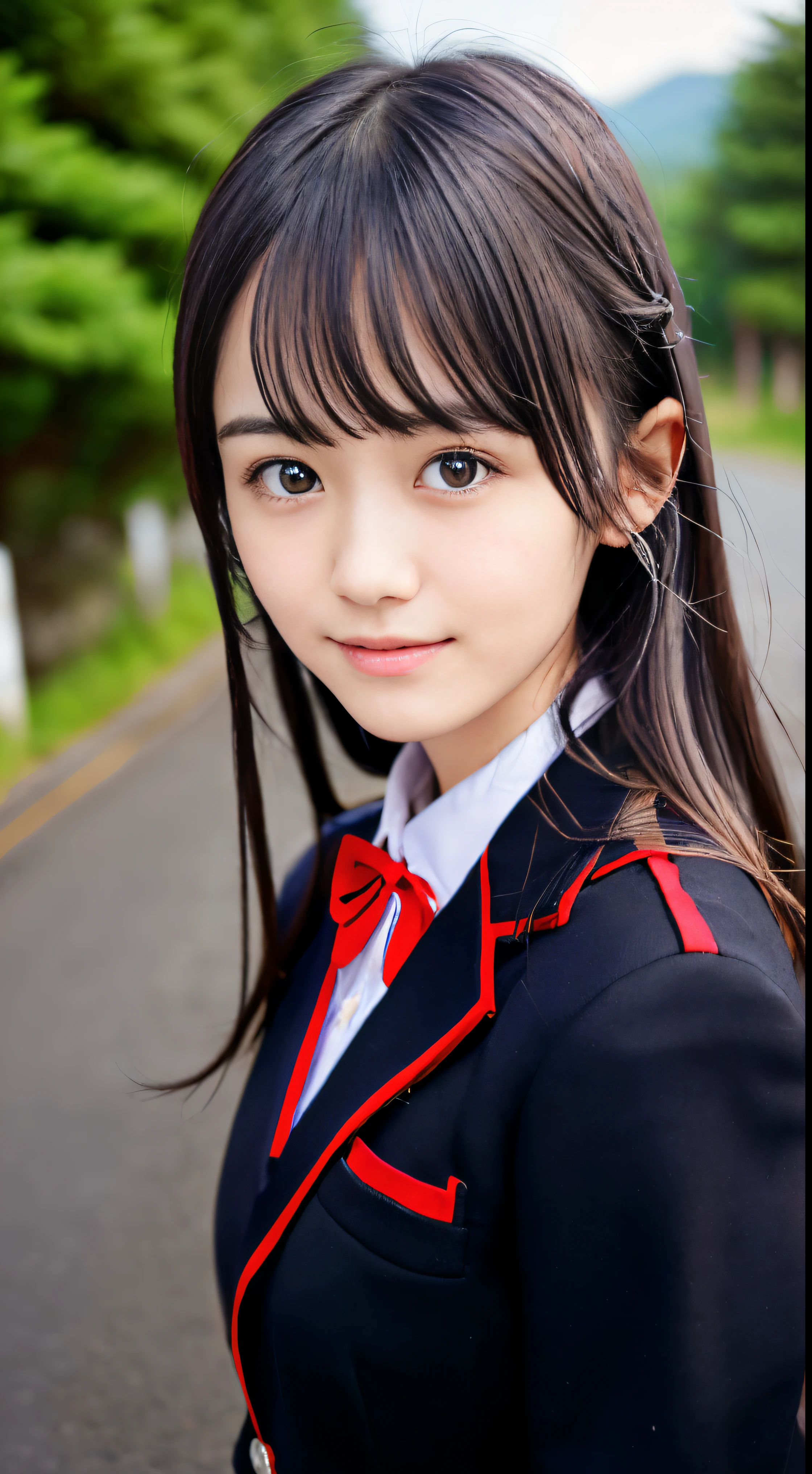 (Dressed in a black blazer uniform with a red cropped collar and a black skirt、Close-up portrait of a girl with slender small chest dark silver long hair with swept bangs:1.5)、(the girl has light gray eyes:1.5)、(A girl walking with a small smile on a Japanese country road:1.5)、(Uniform with a black blazer and a skirt with a red edging collar:1.5)、(Blurry background:1.5)、(Perfect Anatomy:1.5)、Photorealsitic、Raw photography、masutepiece、top-quality、hight resolution、delicate and pretty、face perfect、Beautiful detailed eyes、Fair skin、Real Human Skin、((thin legs))