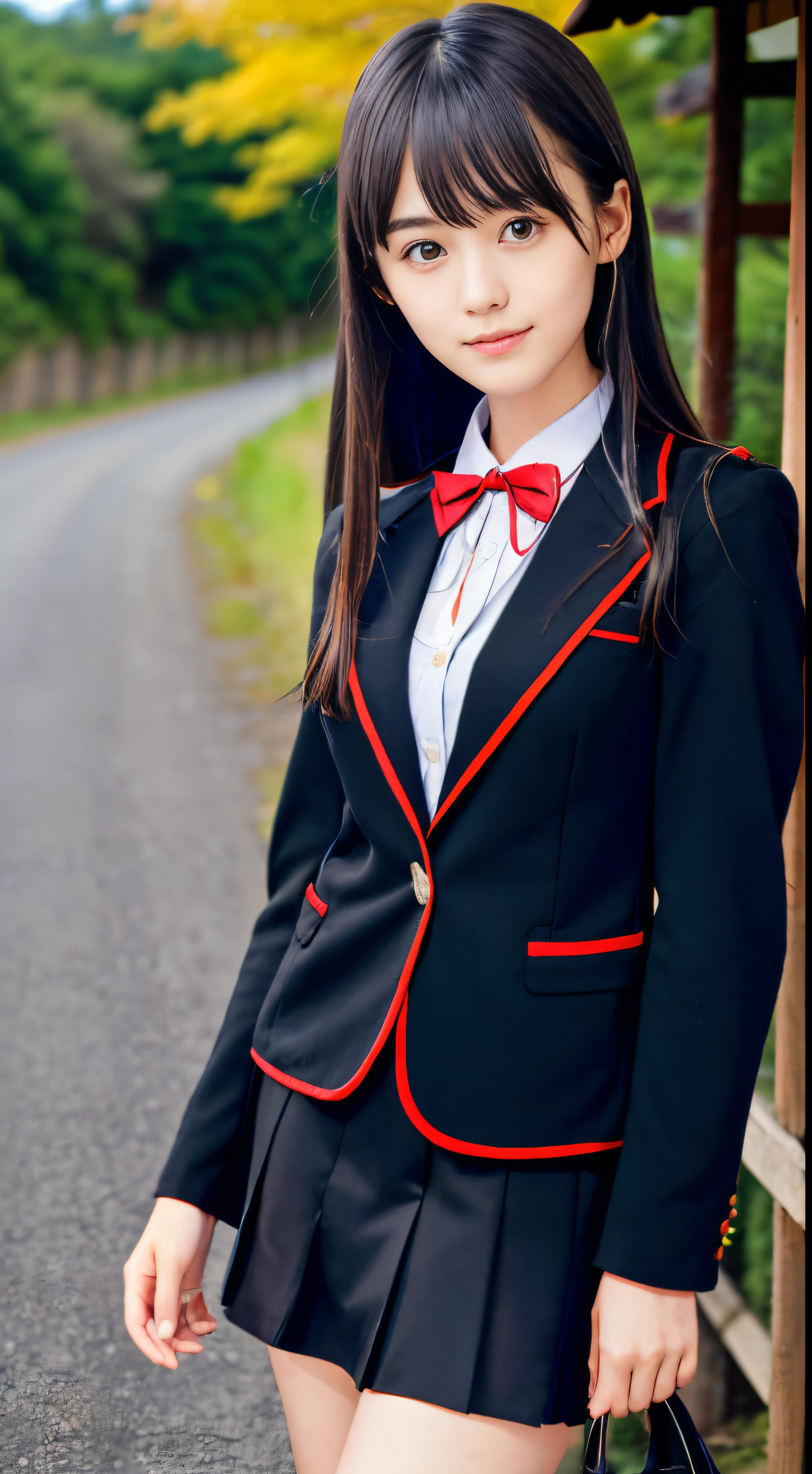 (Dressed in a black blazer uniform with a red cropped collar and a black skirt、Close-up portrait of a girl with slender small chest dark silver long hair with swept bangs:1.5)、(the girl has light gray eyes:1.5)、(A girl walking with a small smile on a Japanese country road:1.5)、(Uniform with a black blazer and a skirt with a red edging collar:1.5)、(Blurry background:1.5)、(Perfect Anatomy:1.5)、Photorealsitic、Raw photography、masutepiece、top-quality、hight resolution、delicate and pretty、face perfect、Beautiful detailed eyes、Fair skin、Real Human Skin、((thin legs))