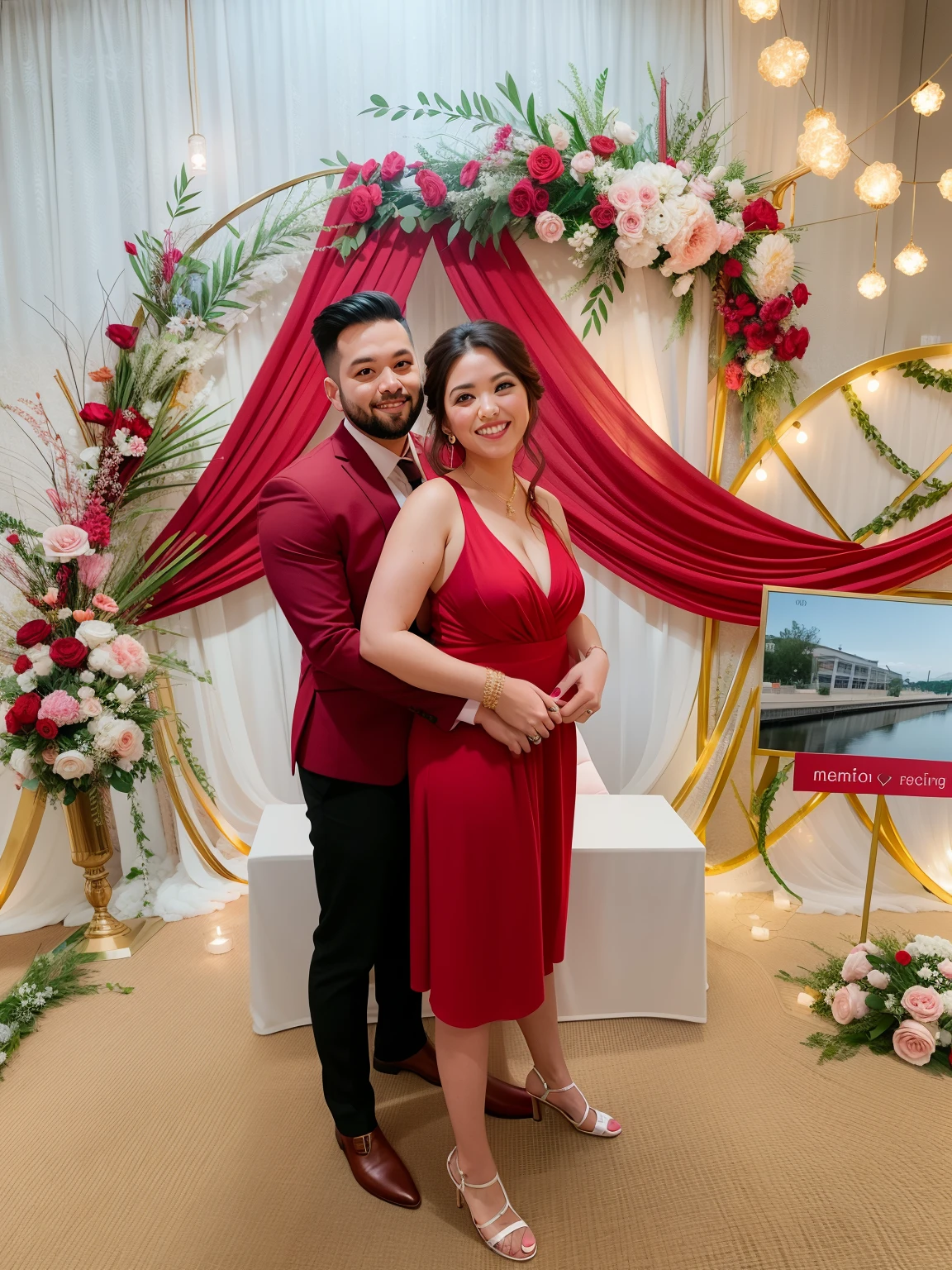 This photo appears to be of a couple standing in front of a floral arch at a wedding or engagement event. The couple is wearing red and black clothing. The arch is made of pink and white flowers with green leaves. The arch is draped with red fabric. The background consists of a white curtain with gold accents. The text on the sign is in bold and capitalized letters 1.