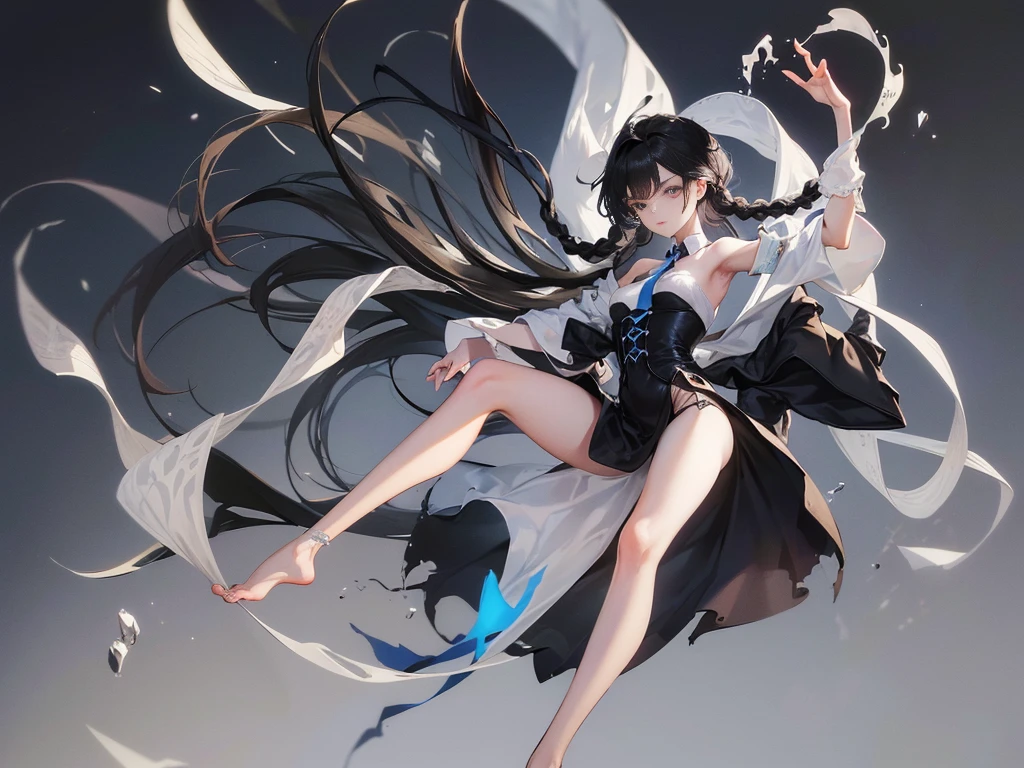 girl with black hair,Slender stature,Tie-double twisted braids,Long hair,small face,emaciated,bare feet,blue high-heeled shoes,Face gloomy,emaciated,Bad milk,The breasts are very small,ah high,Adoly,pastel blue dress,Legs are very slender,Best quality quad mesh,tmasterpiece