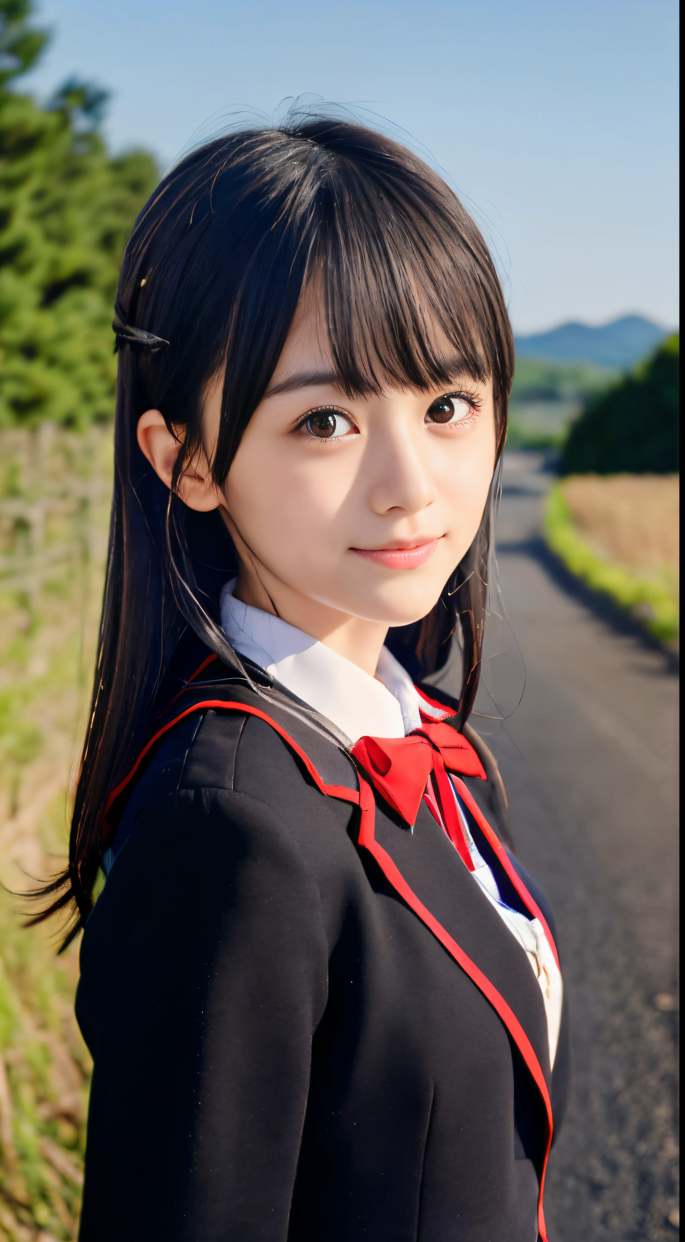 (Dressed in a black blazer uniform with a red cropped collar and a black skirt、Close-up portrait of long gray hair on slender small chest with fluttering bangs and black skirt:1.5)、(the girl has light gray eyes:1.5)、(A girl walking with a small smile on a Japanese country road:1.5)、(Uniform with a black blazer and a skirt with a red edging collar:1.5)、(Blurry background:1.5)、(Perfect Anatomy:1.5)、Photorealsitic、Raw photography、masutepiece、top-quality、hight resolution、delicate and pretty、face perfect、Beautiful detailed eyes、Fair skin、Real Human Skin、((thin legs))