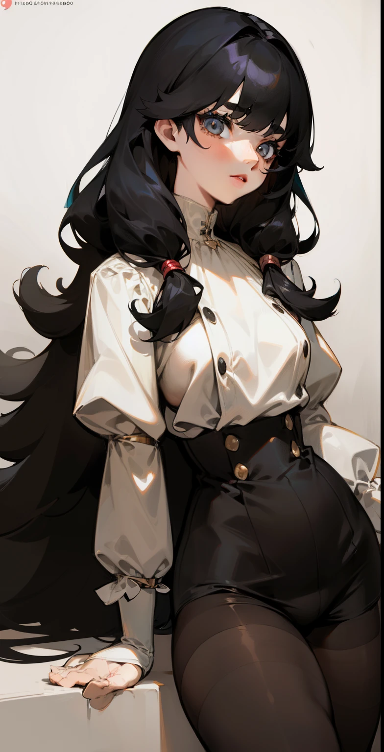 1 girl, bangs, black hair, black stockings, knee-highs, long hair, medium breasts, eyebrow, nose, ear, mouth, lips, reclining, standing, tights, ((women's clothing)), ((long sleeve blouse , short shorts, tight pantyhose)), thick legs, thick thighs, (white background)