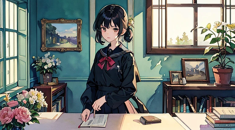 ((Watercolor of the singer Sargent))、(topquality、tmasterpiece)、1girl in、、stunning、short black hair、too々Shiime、tiny breasts、high school uniform、long skirt、blueprint、BBiblioteka、Boken、Flower shop、Table、florals、Window、Houseplant、 a tree,soft light、