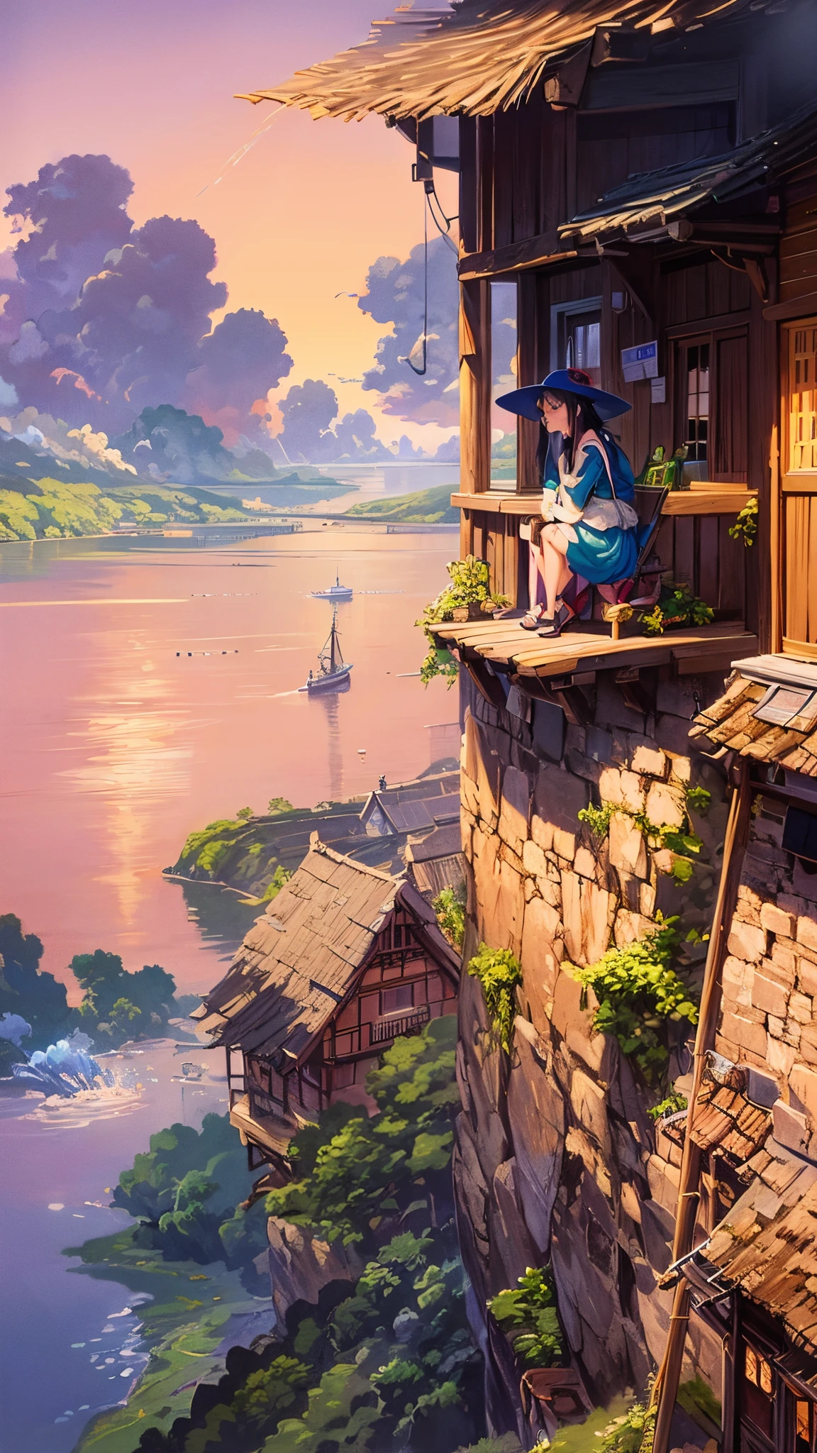 anime scenery of a woman sitting on a balcony overlooking a lake, by Miyazaki, makoto shinkai cyril rolando, incredible miyazaki, miyazaki's animated film, studio ghibli artstyle, beautiful anime scene, miyazaki film, style of hayao miyazaki, inspired by Miyazaki, miyazaki movie, ghibli artstyle
