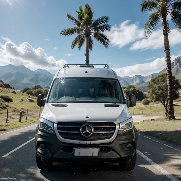 Offroad campervan, Mercedes Sprinter, the best quality, 4K, perfect girls, beautiful face, fit body, mountains, palm trees, sea, sunny day, very realistic, emotional