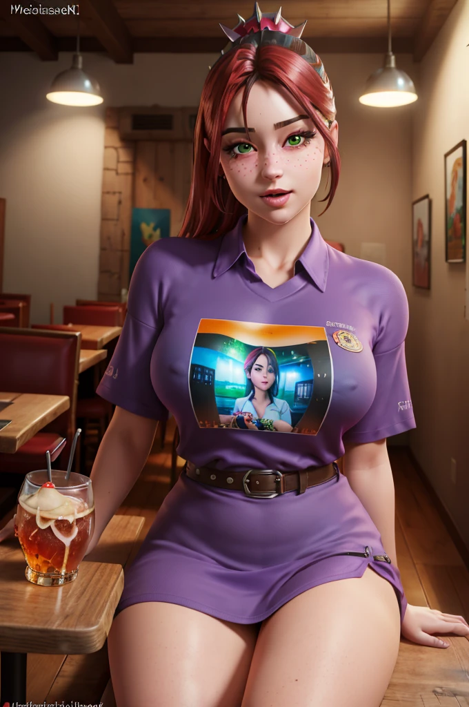 (4k, best quality, masterpiece:1.2), (realistic, photo-realistic:1.37),helsie, drinkin in a restaurant, sitting, , purple long shirt, fishnet, green eyes, freckles, thick things, aroused, horny