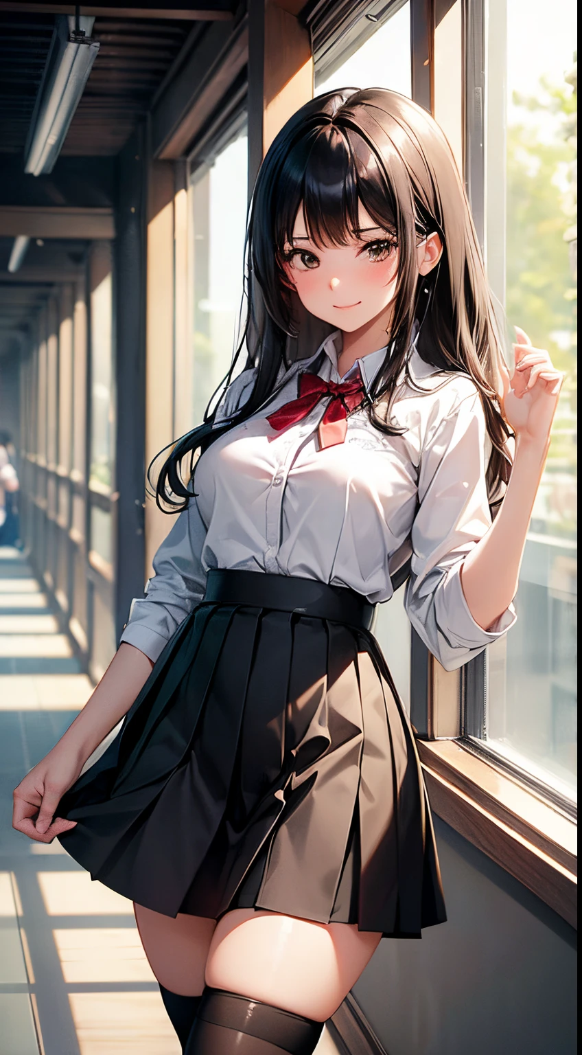 (masutepiece:1.2), (Best Quality:1.2), (Extremely detailed:1.2), Cowboy Shot, 1girl in,Medium Hair ,Light wavy black hair, Brown-eyed、 high-school uniform, Black skirt, knee high stockings, Smirk, Standing, black thong, skirt rift, Lift skirt, shushing, school hallway,(24 year old、white panties、red blush、Narrow-eyed), A sexy, Lusting、low angle shot、watching from the ground