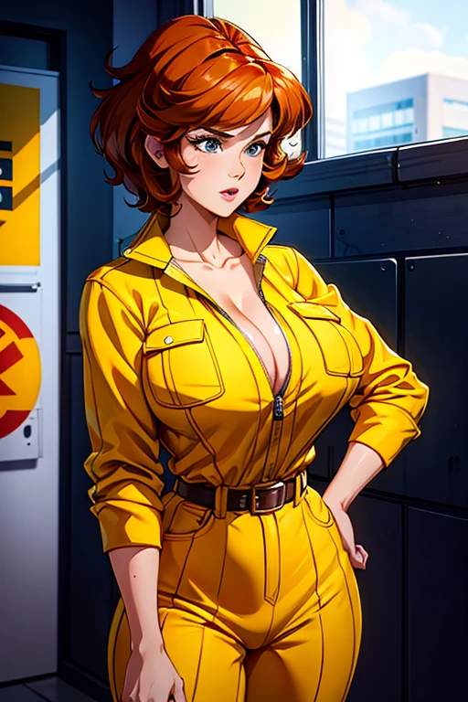 Cowboy shot, April O'Neill, 1980s \(style of\), 1girl, brown hair, orange hair, retro artstyle, Short hair, 独奏, Yellow jumper suit, Hip jumper suit, (gigantic breasts), cleavage, (wide hips), Big muscular
