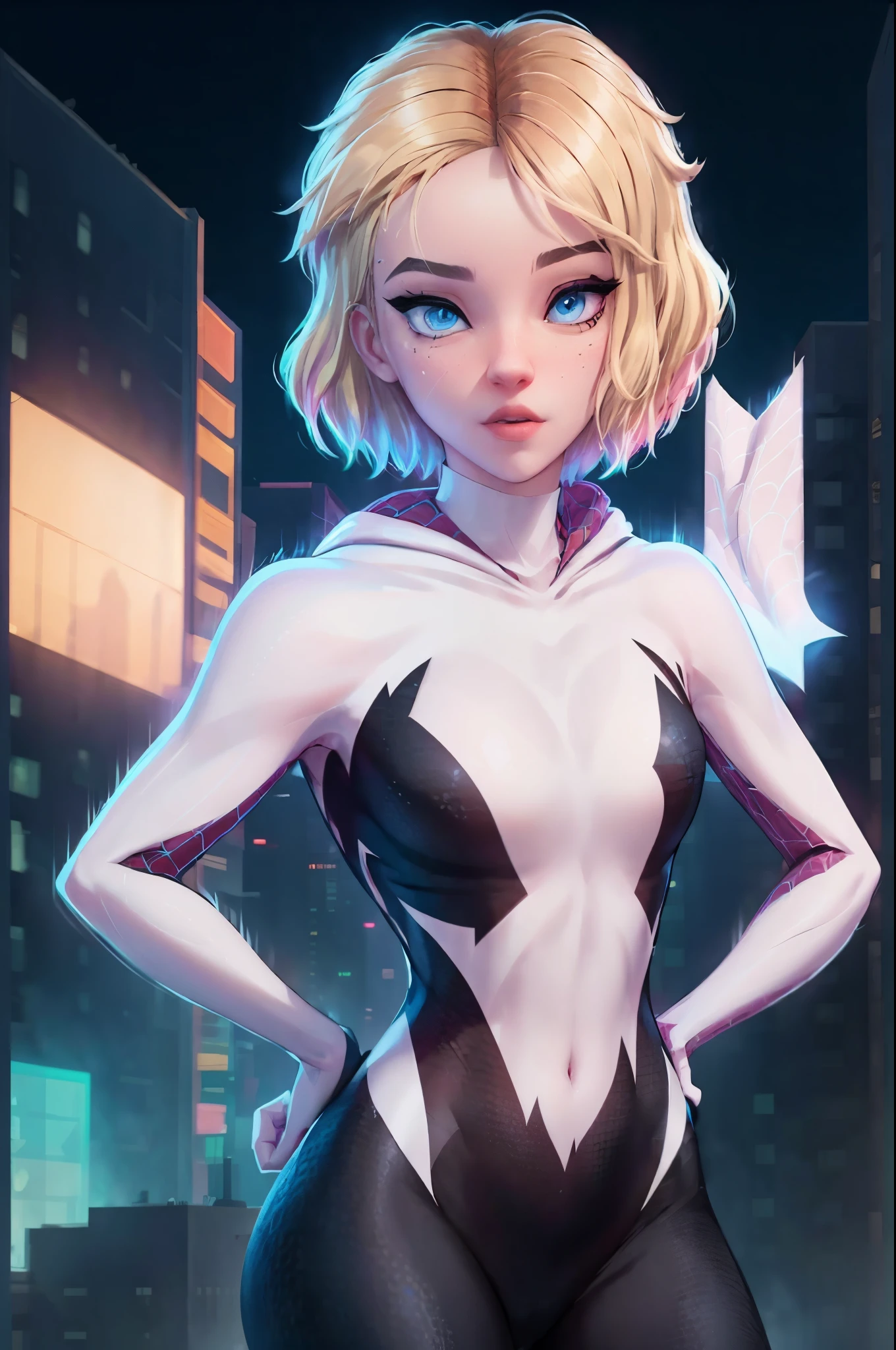 ghost spider, gwen in a black outfit with spider in the center of his chest in white, organic looking outfit, gooey forehead, symbiote, white eyes, fine art, ps5 cinematic screenshot,highly detailed detailed cinematic rendering, ultra photorealistic raytricing, with cinematic lighting