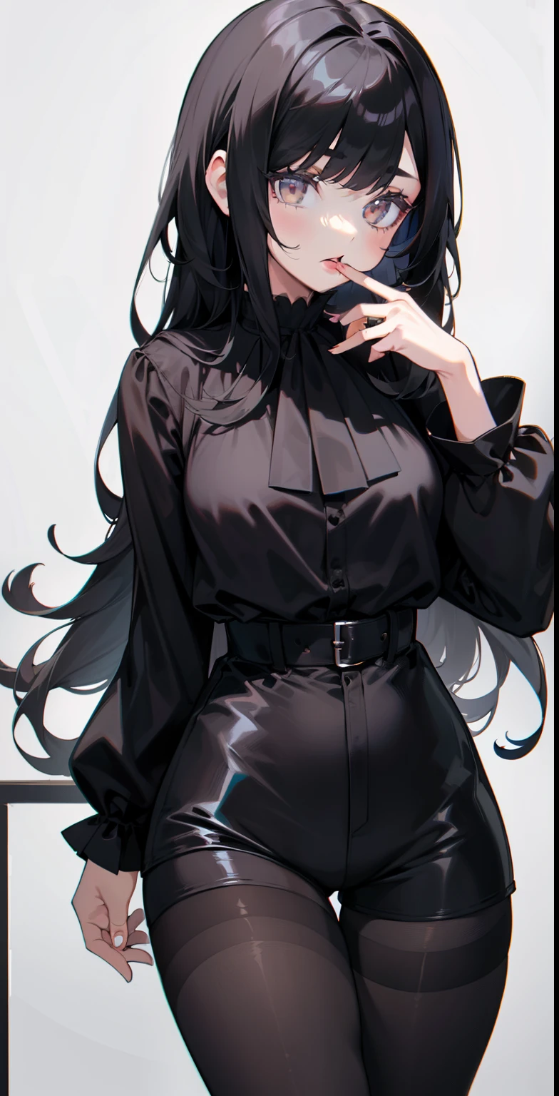 1 girl, bangs, black hair, black stockings, knee-highs, long hair, medium breasts, eyebrow, nose, ear, mouth, lips, reclining, standing, tights, ((women's clothing)), ((long sleeve blouse , short shorts, tight pantyhose)), thick legs, thick thighs, (white background)