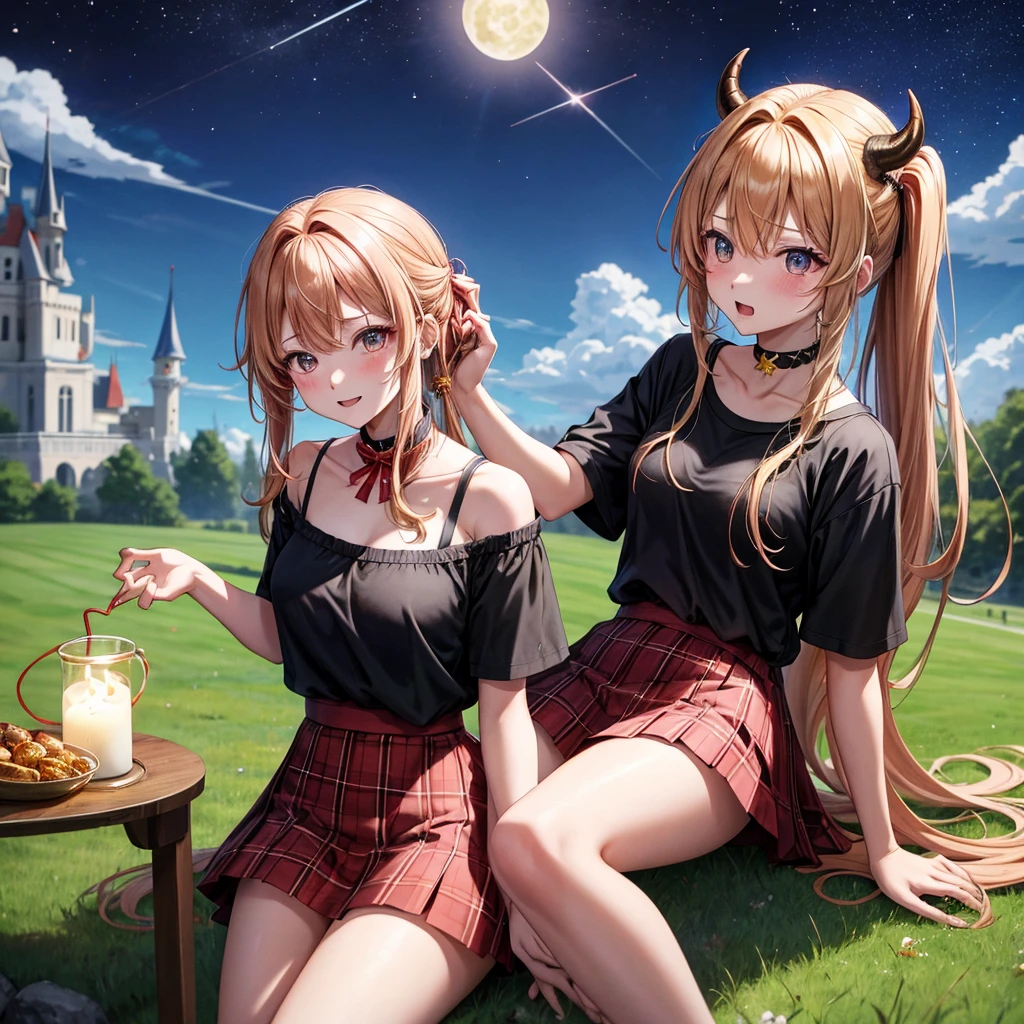 Red-blonde、poneyTail、verd s eyes、one good looking girl、独奏、animesque、lightly dressed、Plaid miniskirt、a black T-shirt、grass field、sitting on、fullmoon、candle fire、Meteor swarm、starrysky、are flying、golden castle、A chicken is on top of the bull and the bull is going wild.