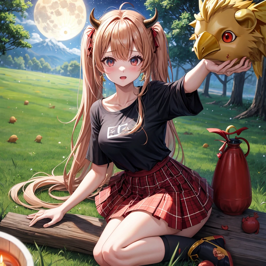 Red-blonde、poneyTail、verd s eyes、one good looking girl、独奏、animesque、lightly dressed、Plaid miniskirt、a black T-shirt、grass field、sitting on、fullmoon、candle fire、Meteor swarm、starrysky、are flying、golden castle、A chicken is on top of the bull and the bull is going wild.