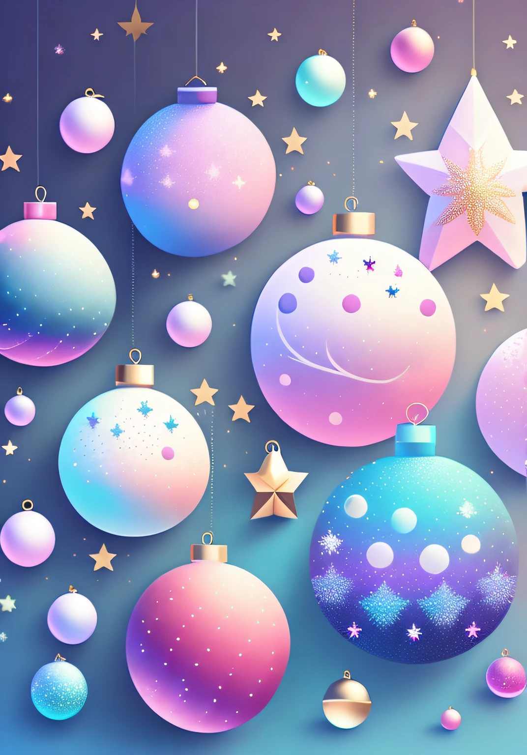 New Year, Christmas, new year illustration ,Various beautiful balls on Christmas trees., cartoon illustration, Gradient pastel sky with twinkling stars. Immerse yourself in the New Year'peace, Full of magical elements (weighted at 0.9).