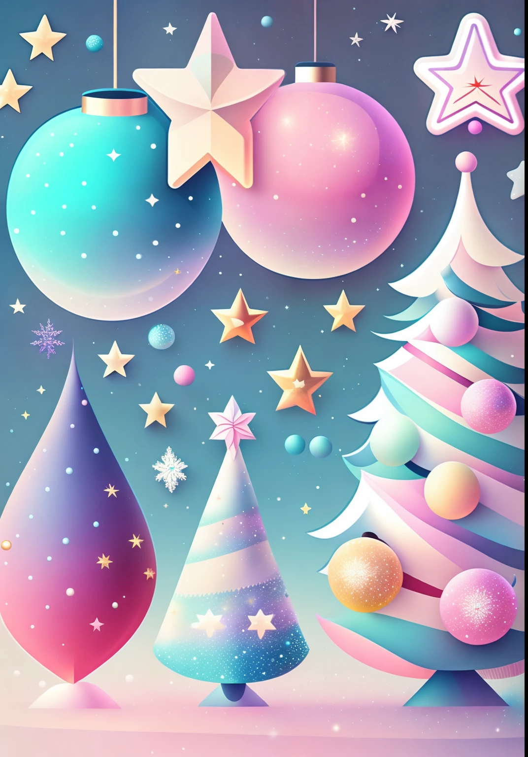 New Year, Christmas, new year illustration ,Various beautiful balls on Christmas trees, cartoon illustration, Gradient pastel sky with twinkling stars. Immerse yourself in the New Year's world, Full of Magic Elements (weighted at 0.9).